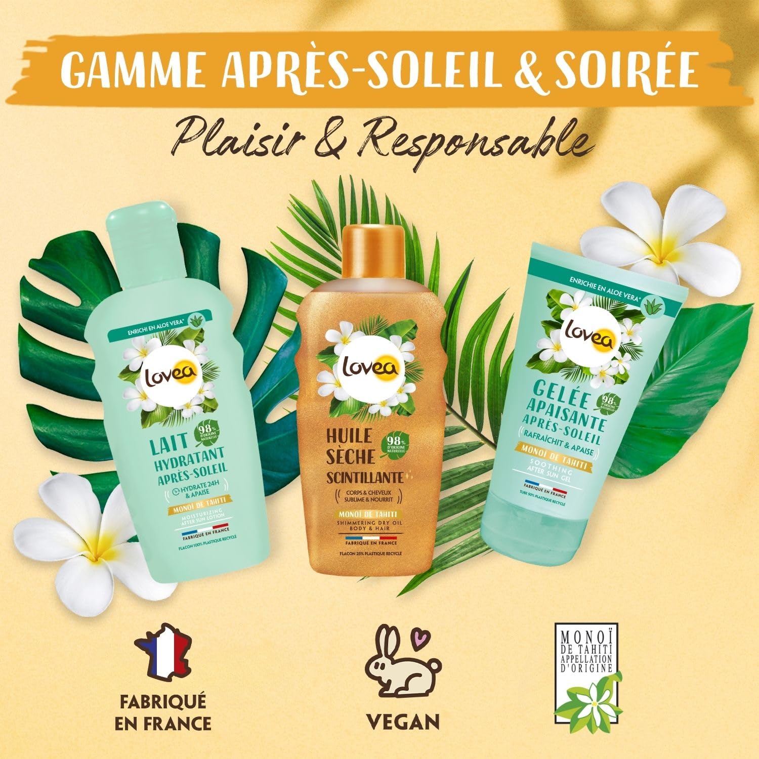 LOVEA - Après-Soleil Gelée Rafraîchissante Monoï de Tahiti & Aloe Vera - Visage & Corps - 97% Origine Naturelle - Hydrate 24h & Apaise - Testé sous Contrôle Dermatologique - Fabriqué en France - 150ml