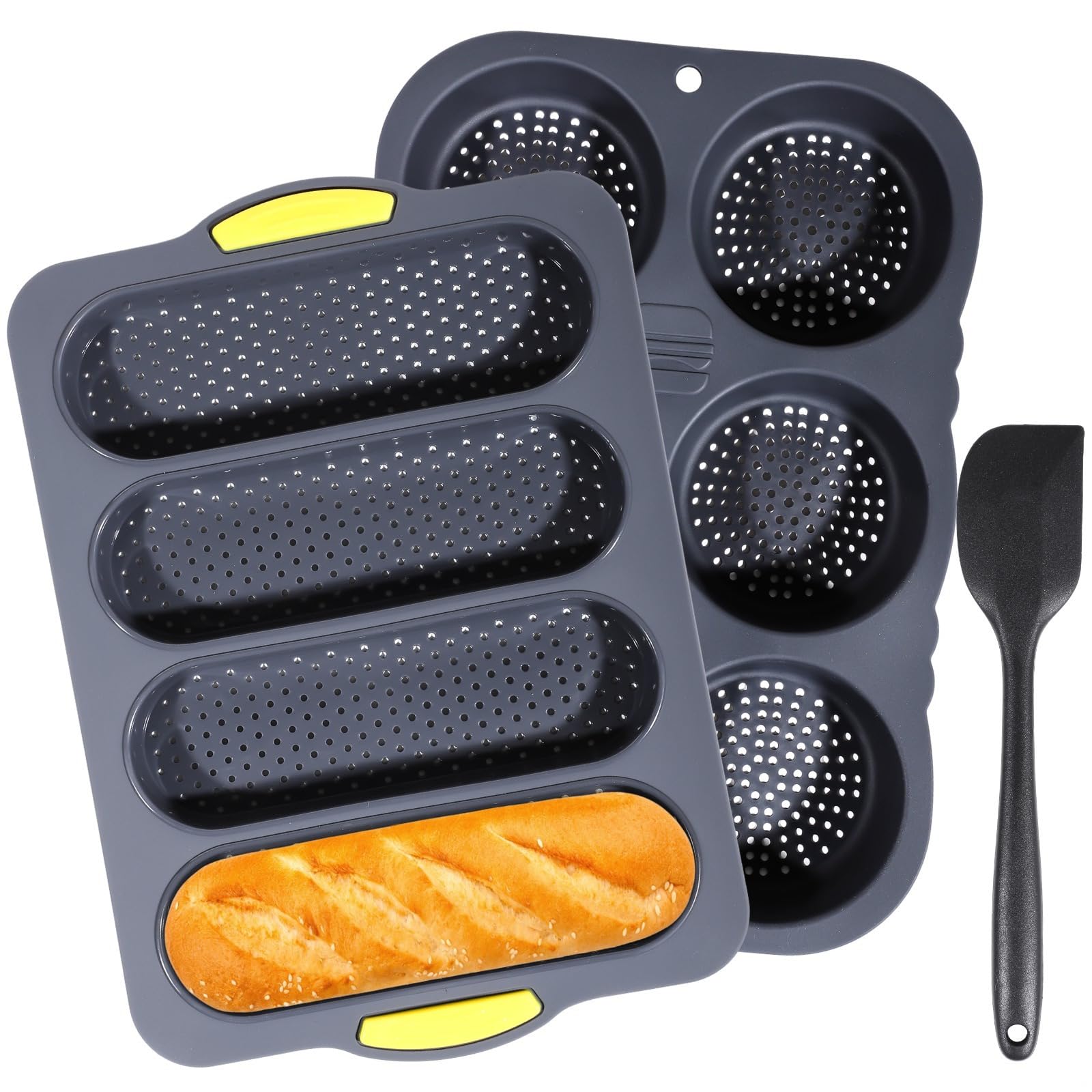3-Pack Silicone Bread Pans for Hamburger Buns, Baguettes, & Loafs, 6-Cup Mold with Scraper for Homemade Sandwiches & More