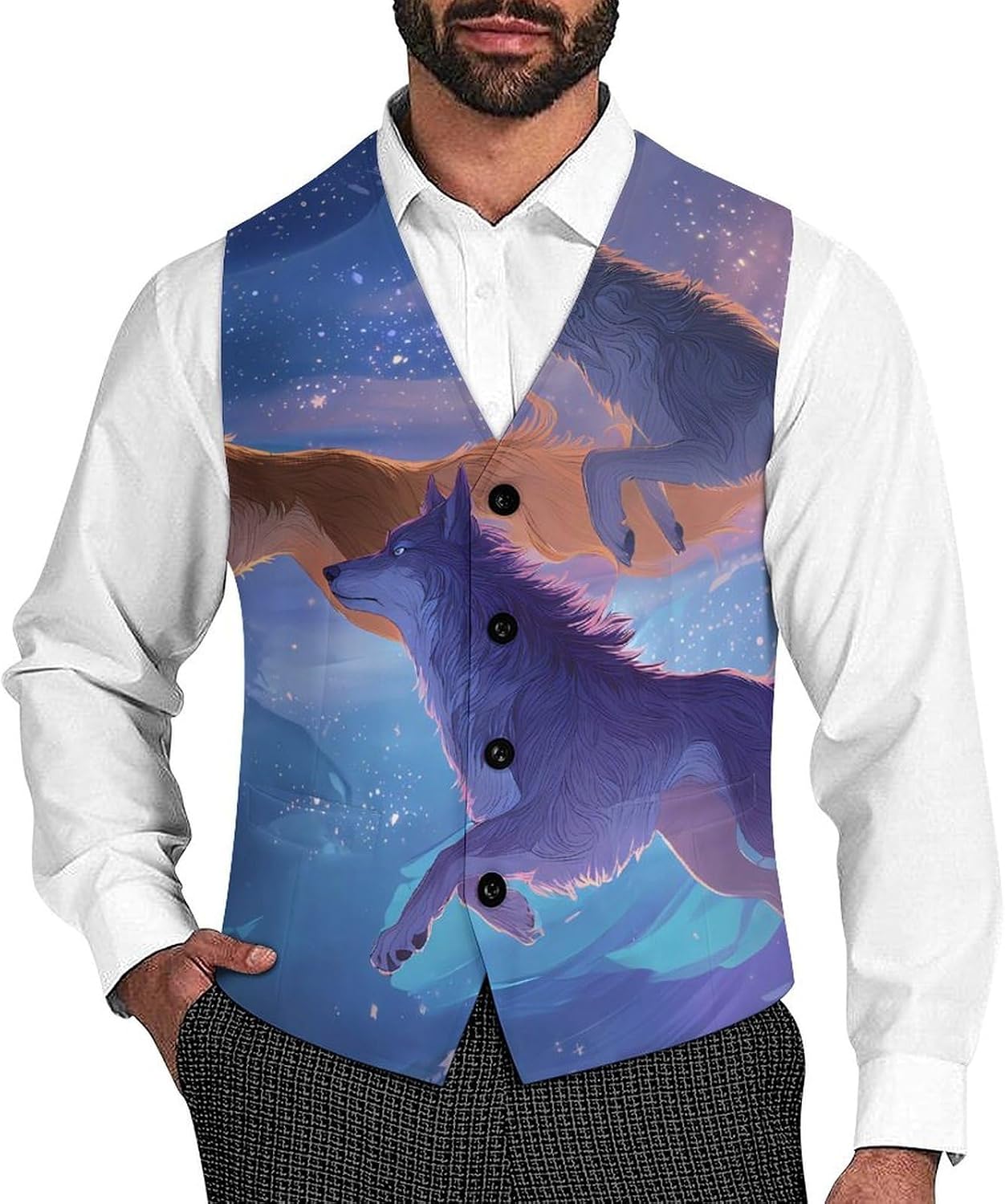 Fantasy Wolves Leaping Galaxys Men's Suit Vests Waistcoat V-neck Formal Dress Tuxedo for Business