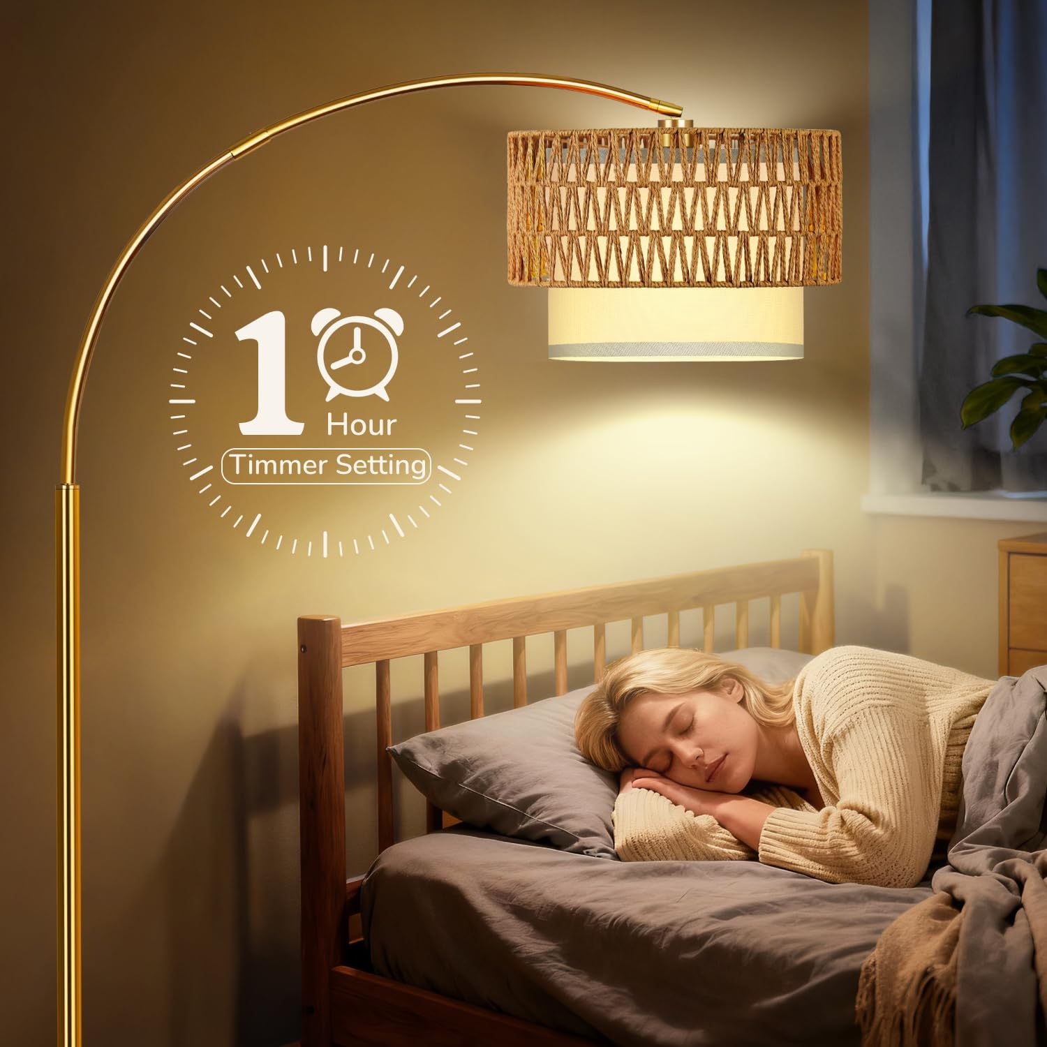 Gold Floor Lamps for Living Room, Arc Floor Lamp with Remote & Dimmable Bulb, Boho Standing lamp with 3 Color Temperatures, Adjustable Rattan & Fabric Shades Tall Lamp, Over Couch Reading Lamp