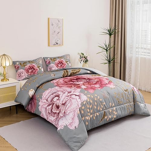 Miniatura 2 de ANGIYUIN Juego de edredón floral rosa tamaño Queen con fundas de almohada