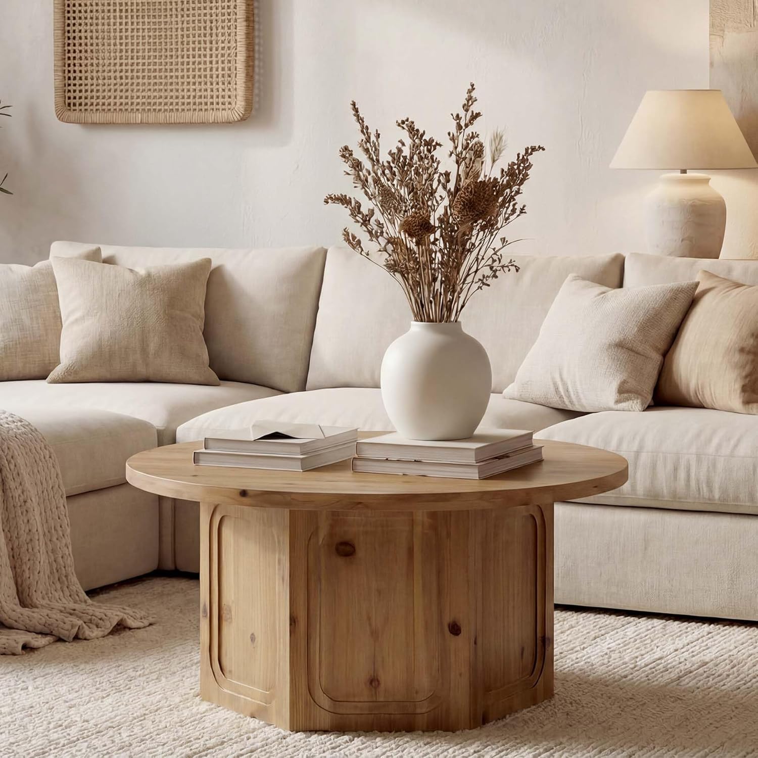 TRIBEWOOD Solid Wood Coffee Table, Round Coffee Tables for Living Room, Natural Wood Center Tables with Hexagon Pedestal, Large Circle Living Room Table Low Cocktail Table for Home, Easy Assembly