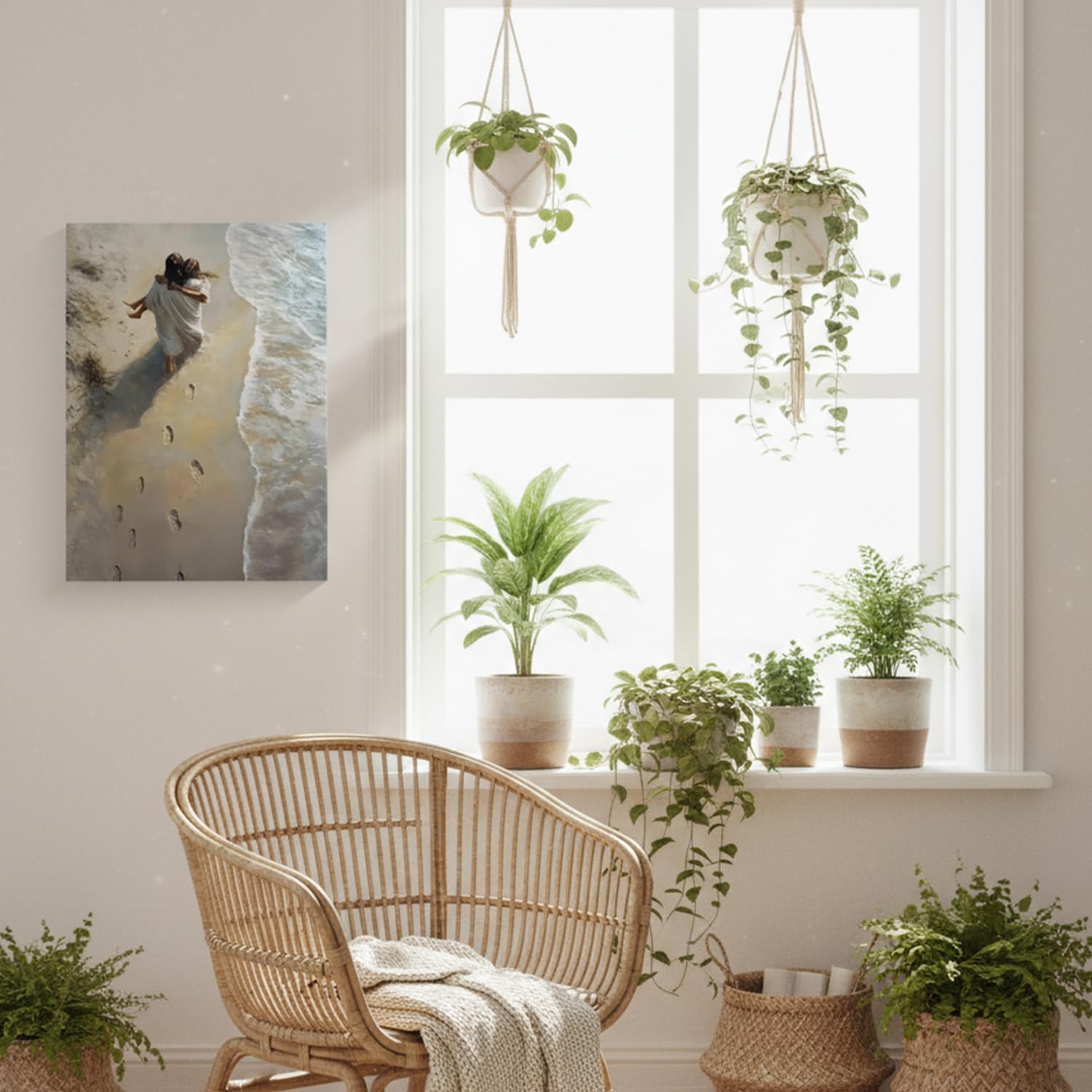 Cymkova Jesus Hugging Woman Wall Art Footprints in The Sand Wall Decor Christian Beach Canvas Painting Picture Prints Artwork for Bedroom Living Room 12x16 inch