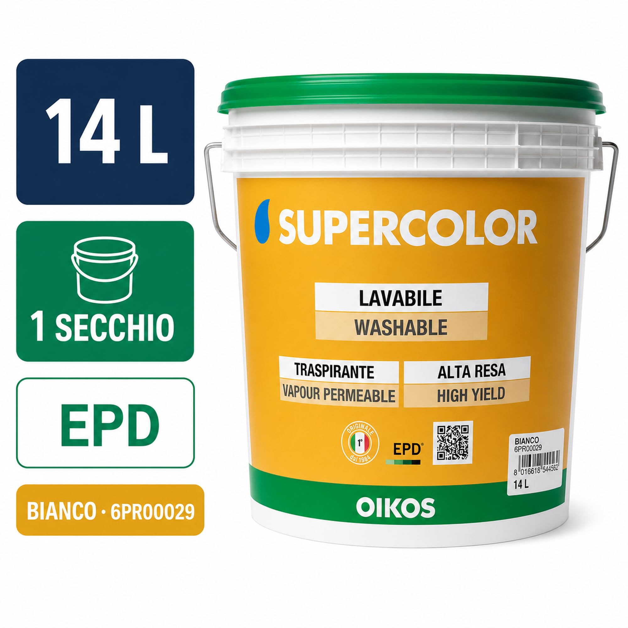 Oikos – Supercolor Pittura Opaca Bianca per Interni – 14 L – 6PR00029
