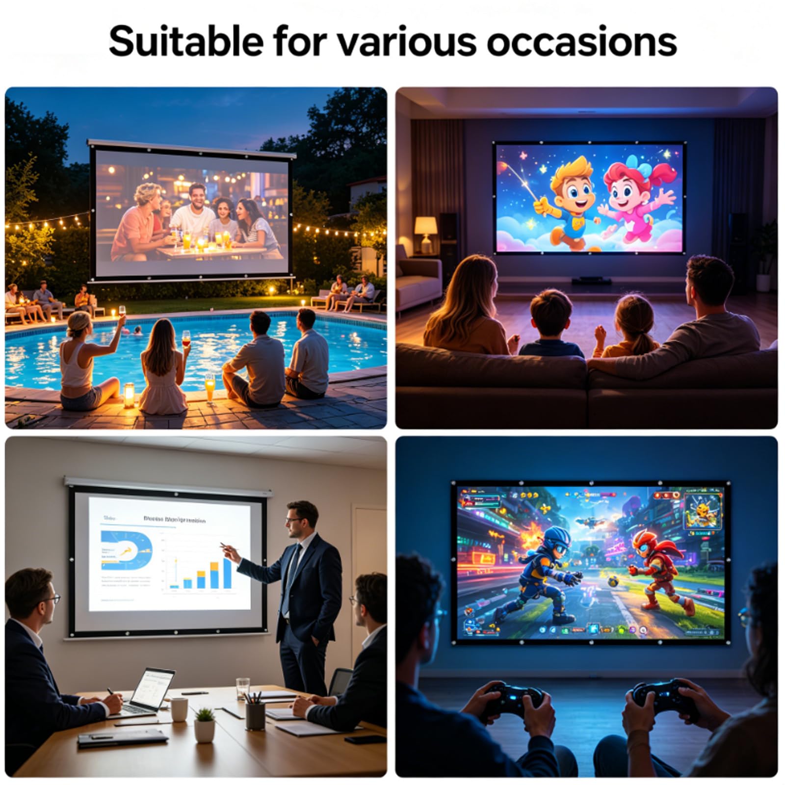 Schermo portatile per proiettore 16:9, per esterni, 220 x 125 cm, portatile, per interni, pieghevole, lavabile, per home theater, ufficio, campeggio ed eventi sportivi