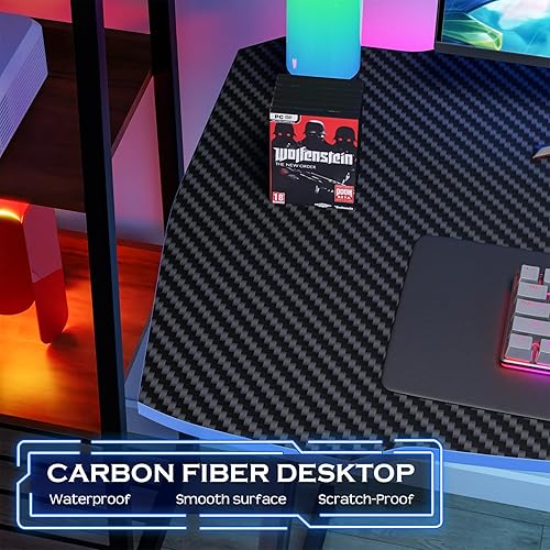 Miniatura 4 de PayLessHere | 35" Gaming Table | Blue | Z-Shaped Computer Desk with Steel Frame, Headphone Hook, Adjustable Feet | Carbon Fiber Texture Surface,