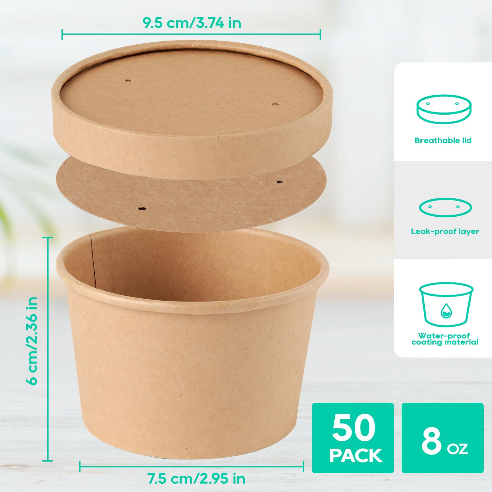 50pack 8oz Paper Soup Containers with Lids, Disposable Kraft Paper Food Cups, Ice Cream Cups, Paper food Storage with Vented Lids, Microwavable and freezer safe