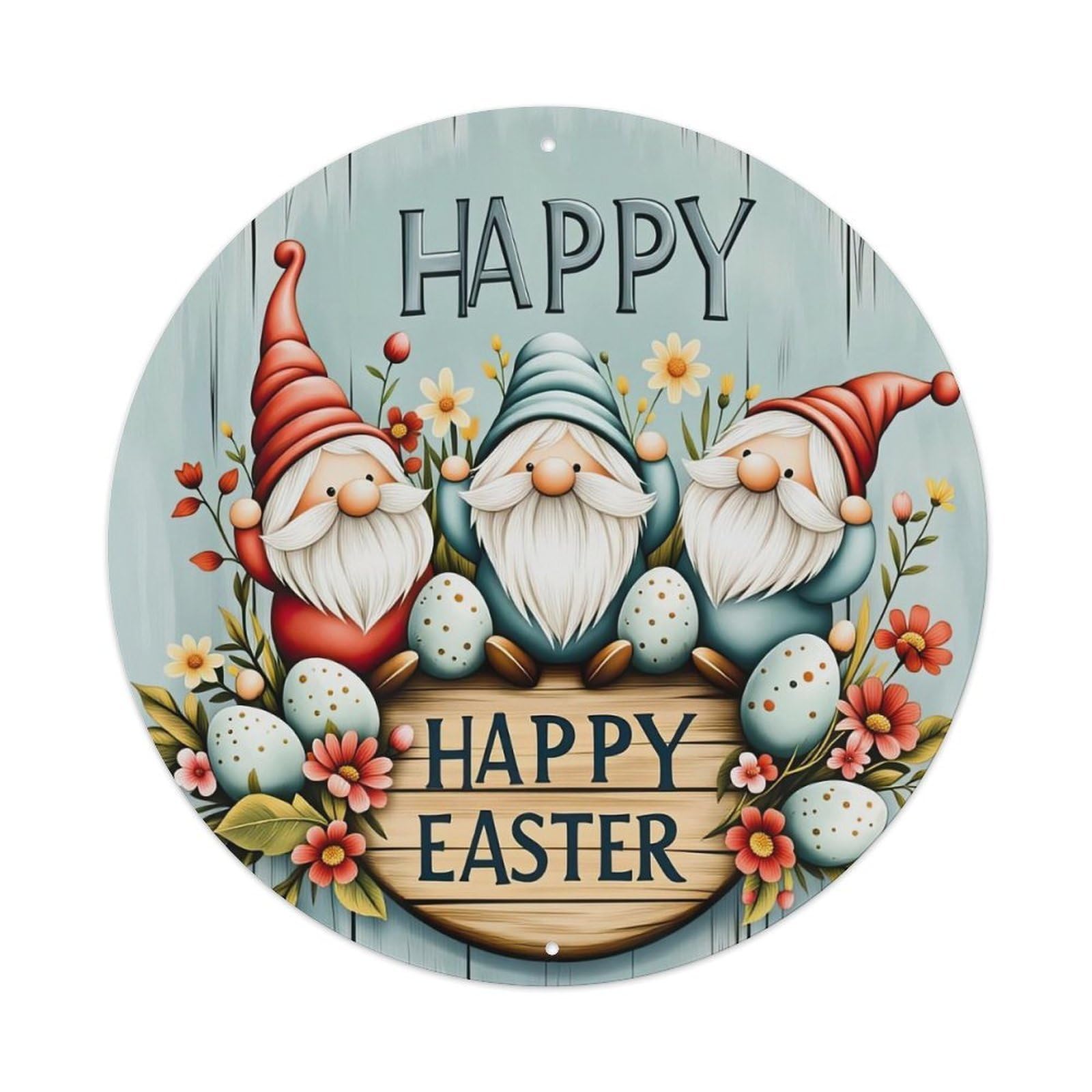 Happy Easter Gnomes Eggs Flowers Metal Tin Sign