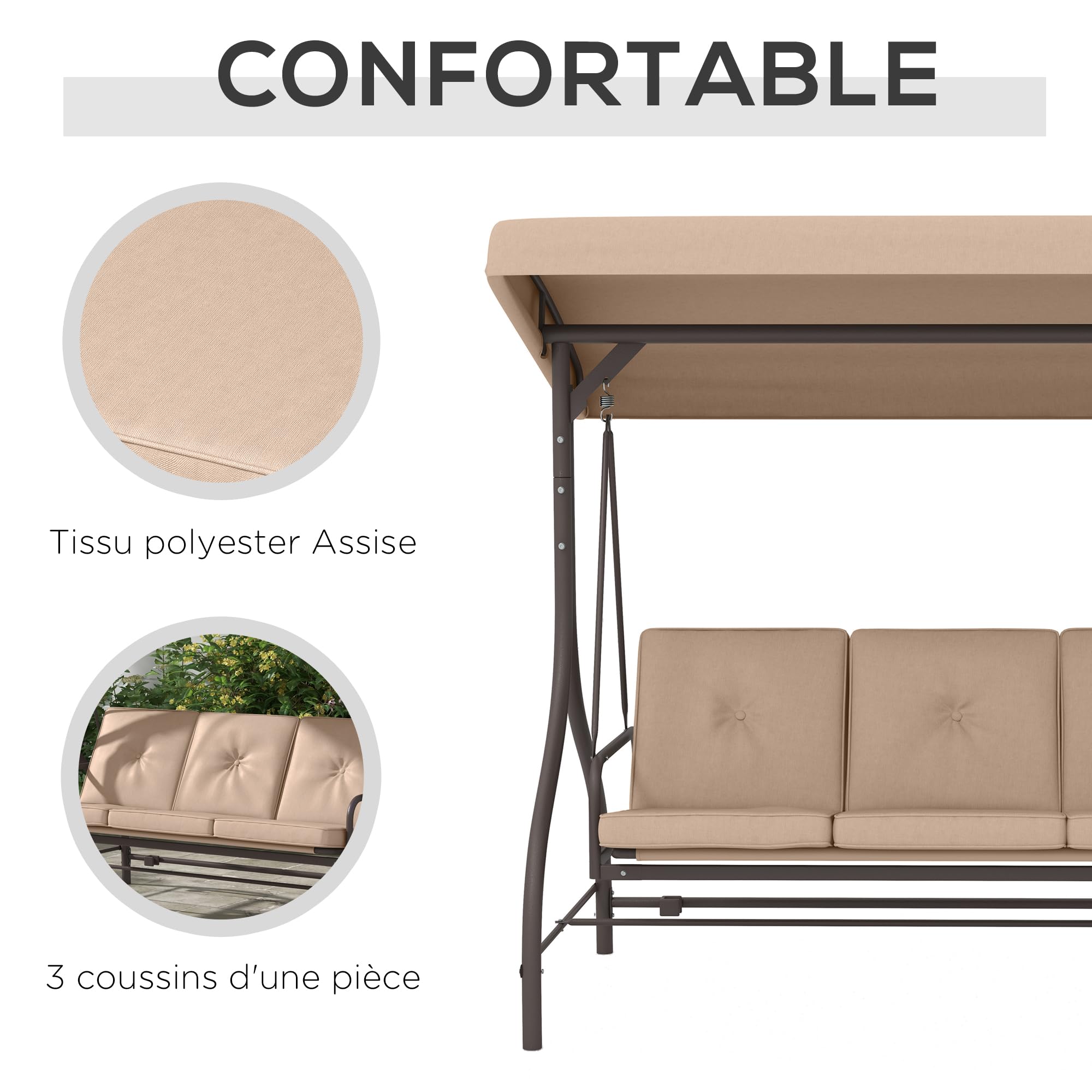 Outsunny Balancelle de Jardin Convertible 3 Places Grand Confort avec Coussins Toit réglable dim. 197L x 120l x 180H cm métal Polyester Kaki