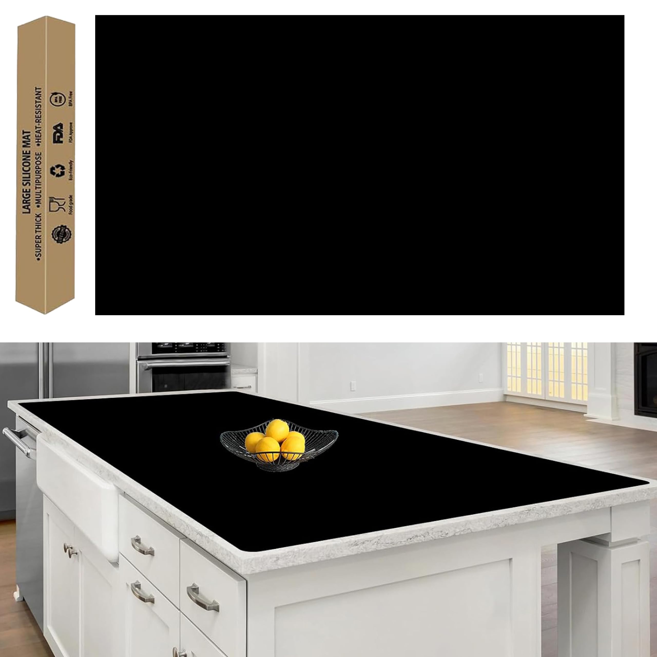 72''x36''(180cmx90cm) Extra Large Silicone Mat for Kitchen Counter, Heat Resistant Countertop Protector, Non-Slip Waterproof Kitchen Island Mat, Easy to Clean, Black