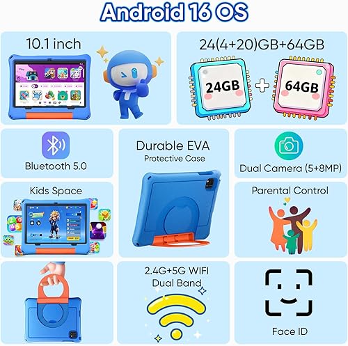 Miniatura 2 de Tableta para niños, tableta Android 16 para niños, Octa-Core, 24 GB de RAM, 64 GB ROM, tarjeta de 1 TB expandible, tabletas de 10.1 pulgadas con