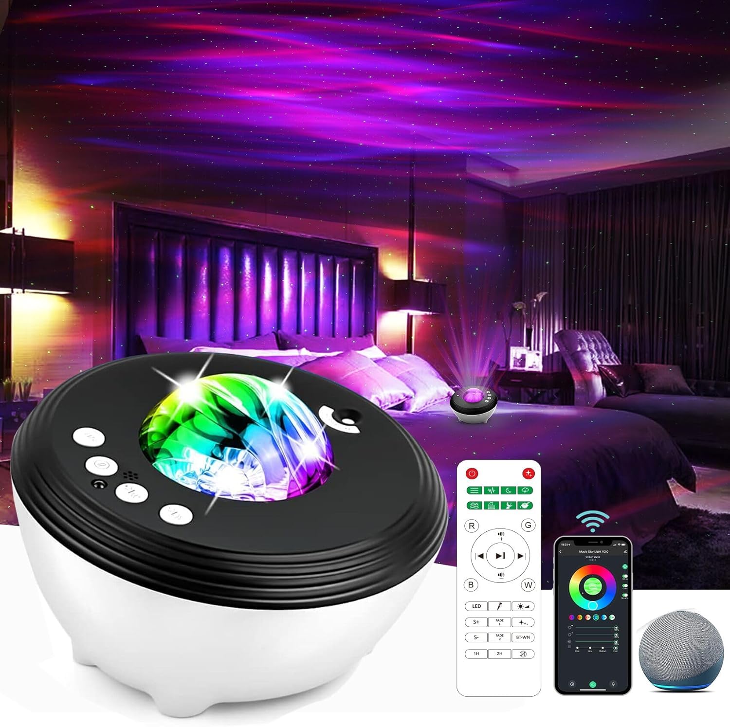 Northern Lights Projector with White Noises, Remote & Timer, Bluetooth Star Projector, Valentines Day Gifts, Aurora Projector Star Lights for Ceiling, Bedroom Decor