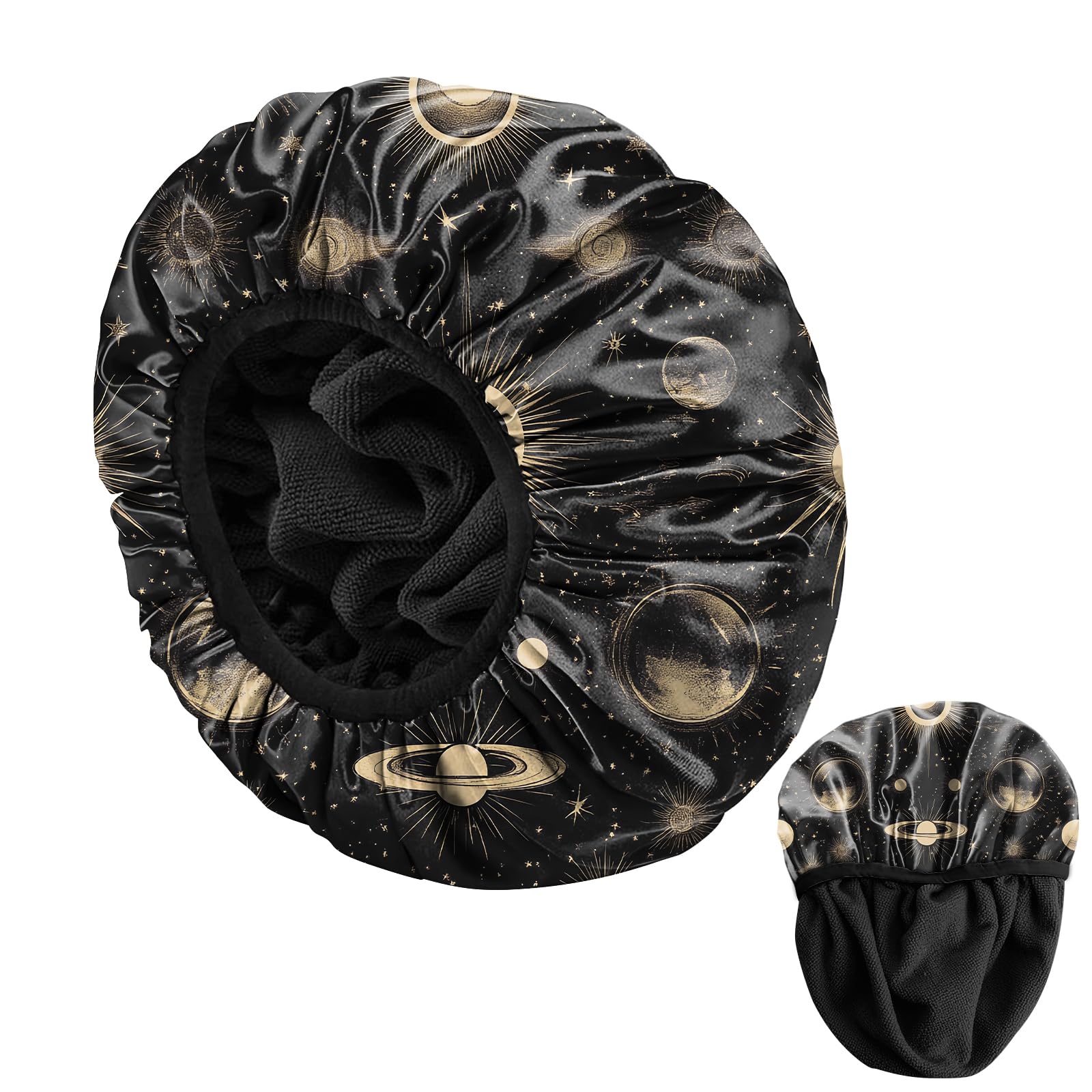 BHAHB Duschhaube, mit elastisch, wiederverwendbar,wasserdicht-hochwertig Duschhaube mit Terrystoff-Futter zum Haar trocknen, niedlich Design für Frauen und Mädchen (U7-Mond)