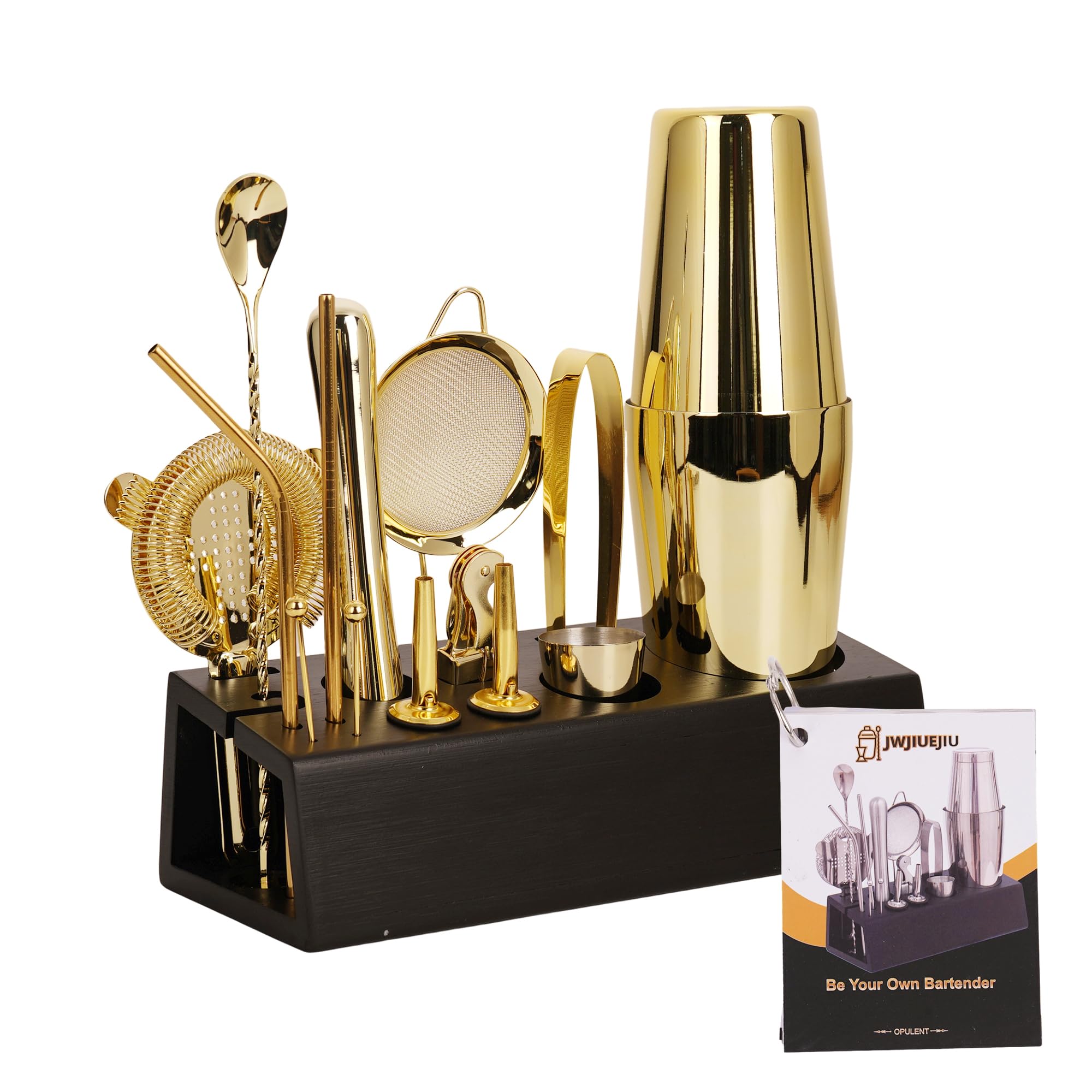 JWJIUEJIU Cocktail Shaker Set Bartender Kit with Bamboo Stand, 15-Piece Stainless Steel Bar Set Accessories, Professional Bartending Kit Home Bar