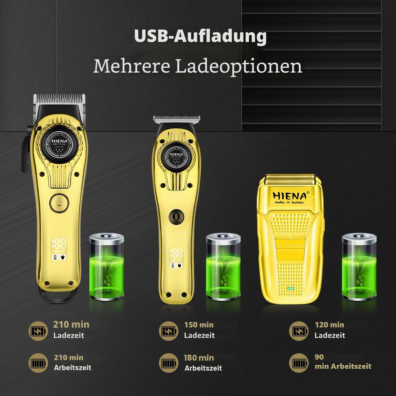 HIENA PRO Barber Set 3 in 1 für Männer, Haarschneidemaschine für Männer, Bartschneider und Rasierer mit LED-Anzeige - Kabellos, Zubehör und Tasche enthalten