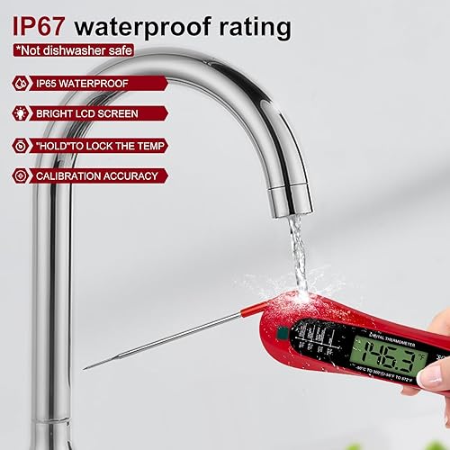 Miniatura 6 de Termómetro digital para carne de lectura instantánea para cocinar y hornear, termómetro de alimentos preciso para hornos y parrillas, color rojo