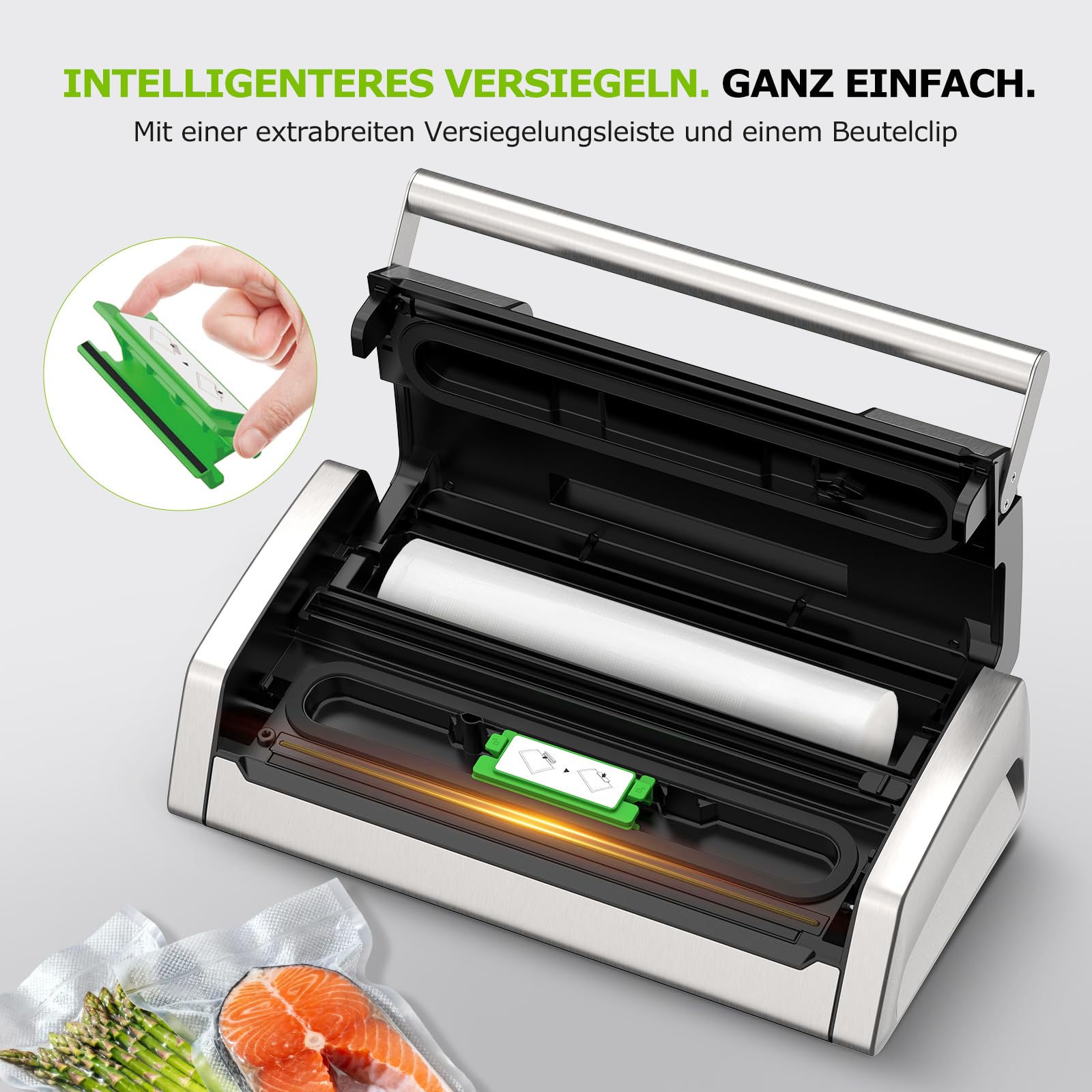 Bonsenkitchen maszynka próżniowa do żywności 15 L/min, z zacięciem na woreczek i wbudowanym nożem, do gotowania sous vide i przygotowywania potraw, szybkie zamknięcie o wysokiej wydajności-VS5100