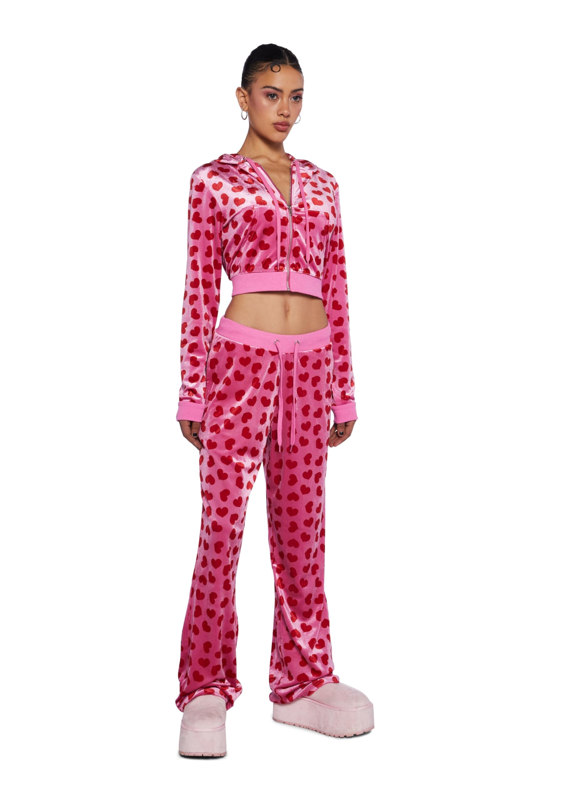 Dolls Kill Loyal Maneater Velour Track Pants by Sugar Thrillz – Heart Print Sweatpants with Flared Bottom & Drawstring Waist: X-Small Pink