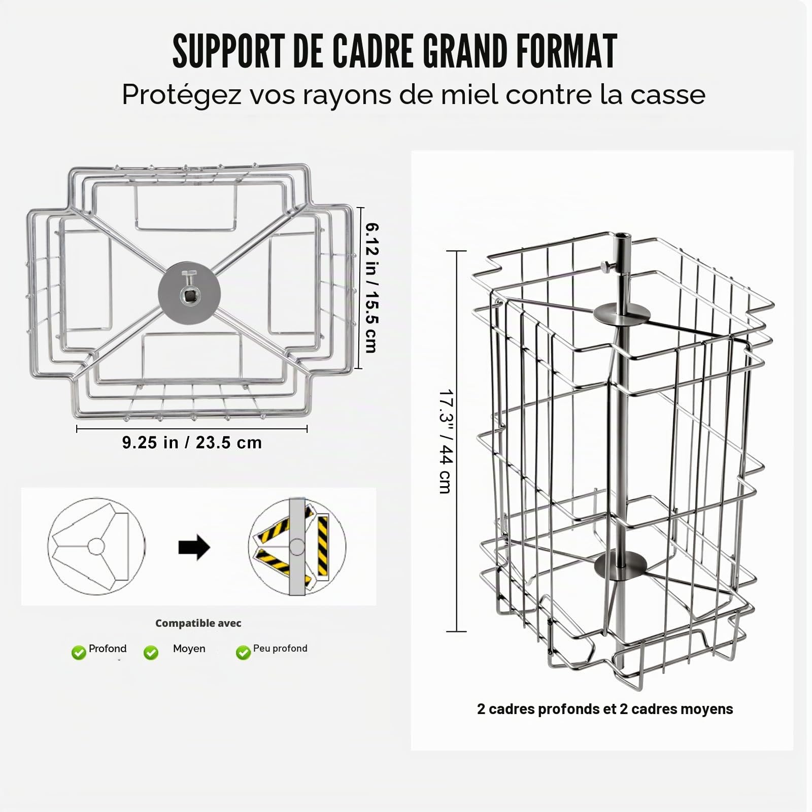 VEVOR Extracteur de Miel Manuel 2/4 Cadres Centrifugeuse Séparateur Miel en Acier INOX avec Couvercle Taille du Nid d'Abeilles Adaptée Profond 48x23 cm Moyen 48x16 cm Hauteur Réglable pour Apiculture