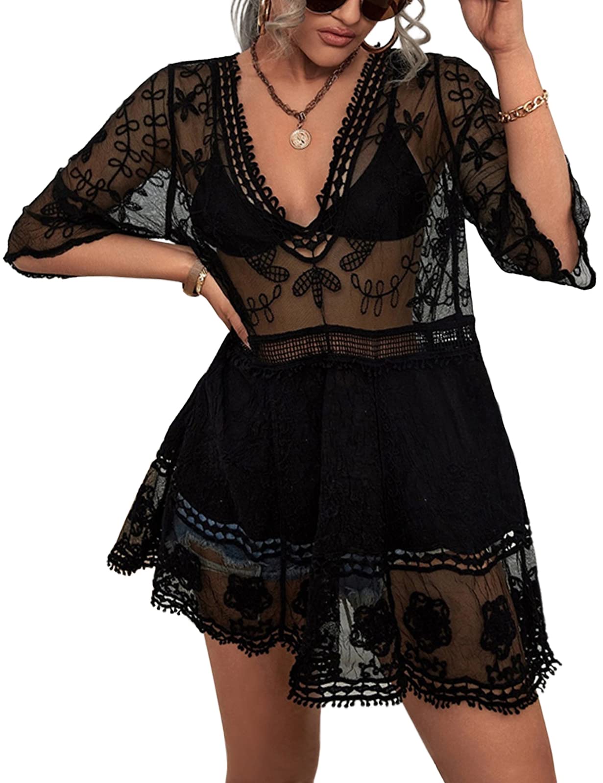 RITOSTA Vestido Playa Mujer Verano Ropa de Playa Corto Camisolas Playeras Suelto Pareos Playa Ropa de Baño Traje de Baño Camisa Suelto de Bikini Cover Up Hueco Encaje Cuello V Talla Única