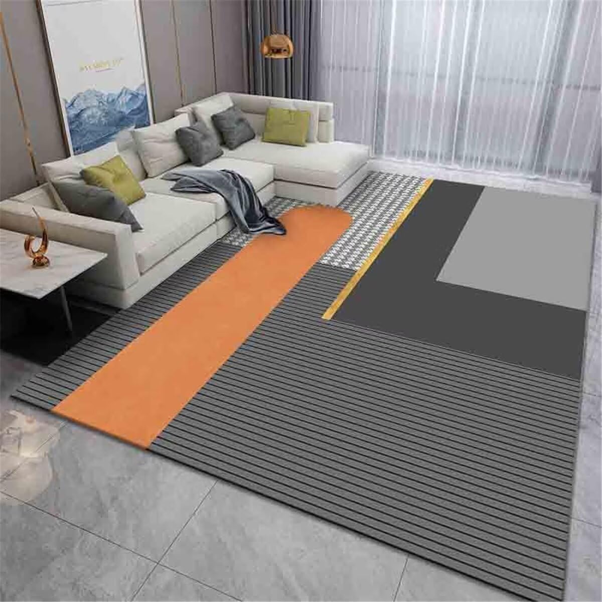 Tapis de salon géométrique moderne gris orange pour réchauffer l'ambiance de la terrasse