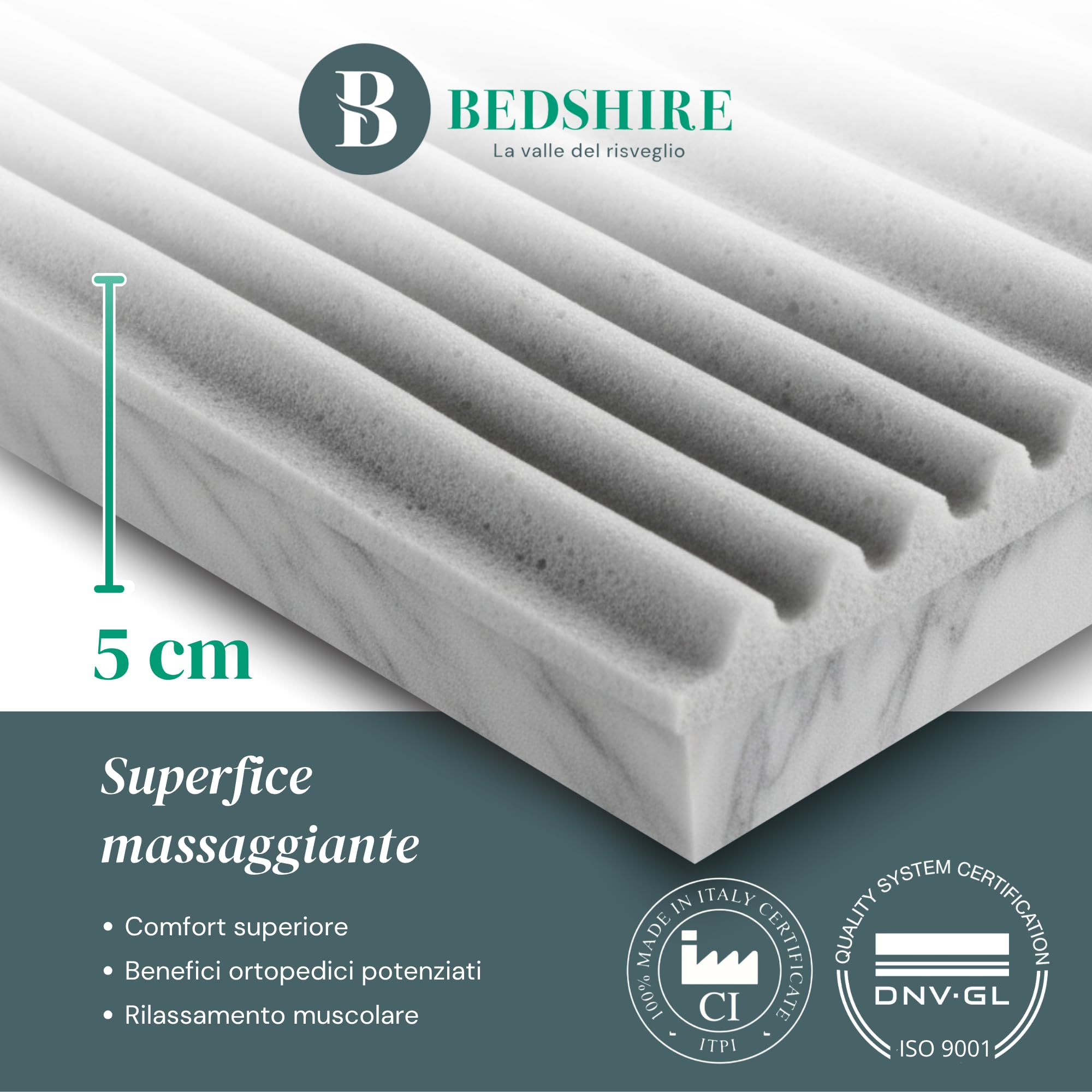 Bedshire Topper Orthofoam HD Matrimoniale 160x190 Materasso Correttore Rigido e Traspirante a 5 Zone Alto 5 cm con Rivestimento Sfoderabile Futon Ortopedico Made in Italy 100%