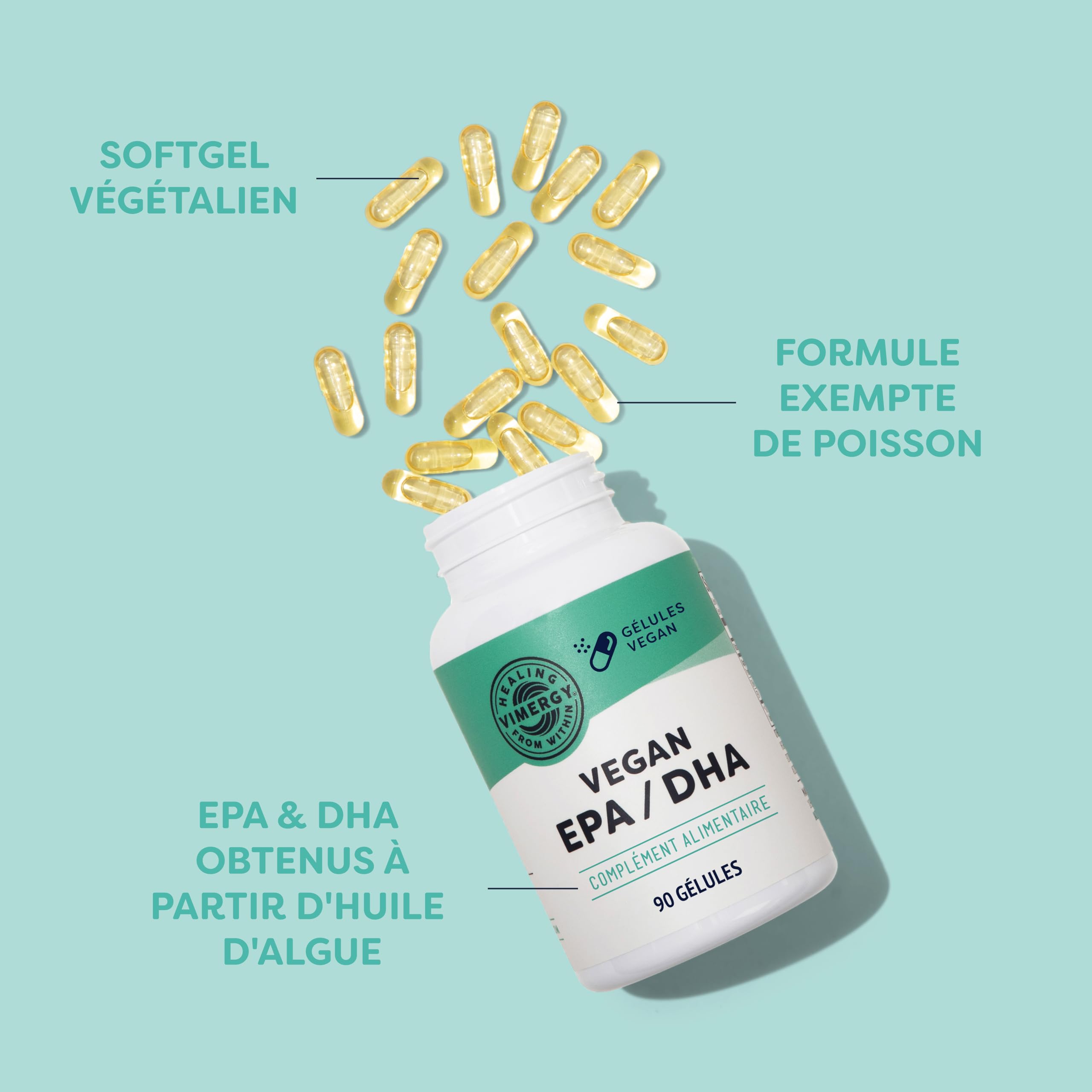 Vimergy Vegan EPA DHA (30 Portions) – Huile d'Algues Oméga 3 – EPA DHA – Huile Oméga 3 – Gélules d’Oméga-3 EPA DHA Sans Gélatine – Sans OGM ni Gluten, Casher (90 Unités)