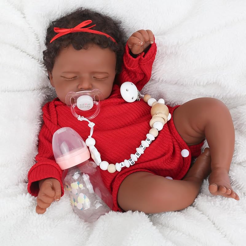 CHAREX Muñeca Reborn realista de 18 pulgadas, niña recién nacida afroamericana | Cabello enraizado a mano, muñeca negra durmiente realista, hecha a mano, sensación de la vida real, ponderada, regalo con accesorios para niños a partir de 3 años