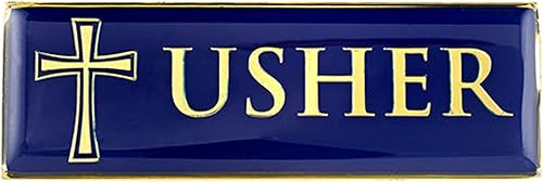 Miniatura 2 de Insignia magnética de metal esmaltado dorado y azul para voluntarios de iglesia o ancianos, 3 pulgadas (paquete de 6, Usher)