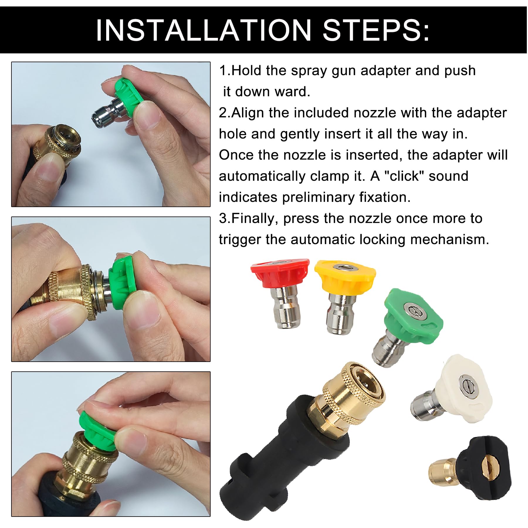 Adaptador de Pistola de Lavado Alta Presión Compatible con Karcher K2-K7 - Kit con 5 Boquillas de Ángulo, Conector Rápido 1/4" para Limpieza de Coches, Terrazas y Fachadas