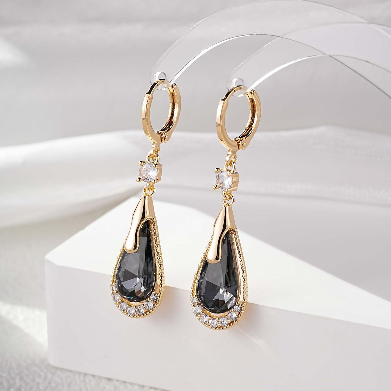 Trendy Austrian Crystal Teardrop Drop Huggie Dangle Earrings for Women 14k Rose Gold Plated Hypoallergenic Jewelry Gifts