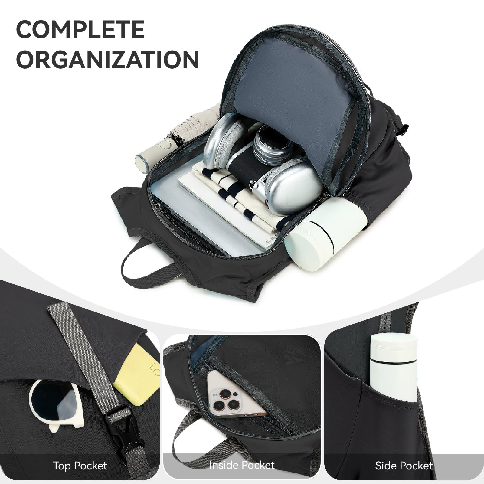 15L Wanderrucksack Kleiner Damen Herren Leichter Faltbarer Daypack Tagesrucksack Trekkingrucksack für Camping Outdoor Reisen, Schwarz