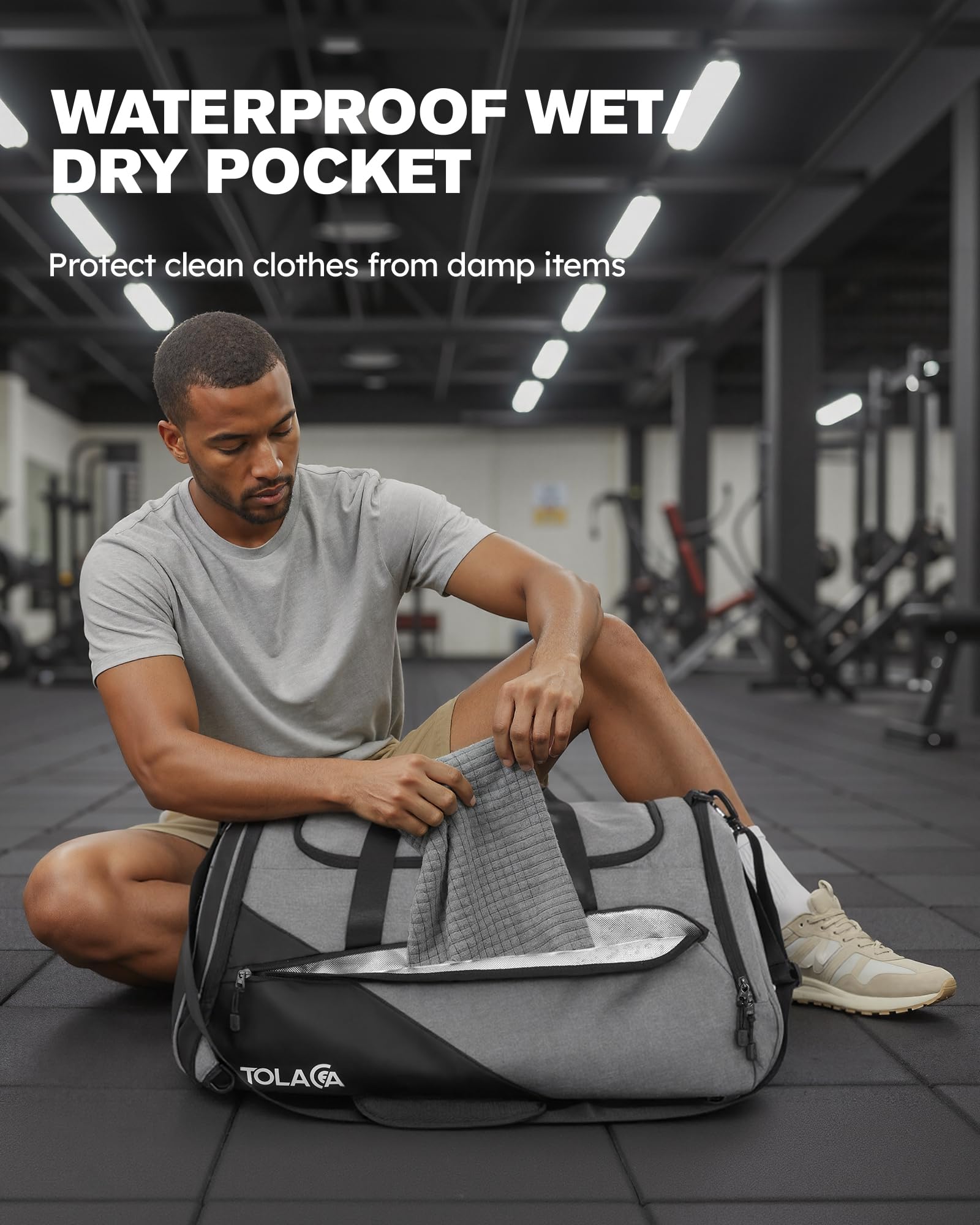 Tolaccea 60L Torba Sportowa Duża dla Mężczyzn i Kobiet – Plecak i Torba Podróżna z Kieszenią na Buty i Mokre Rzeczy, Torba Fitness, Treningowa, na Siłownię, Podróże, Saunę i Piłkę Nożną (Czarno-szary)