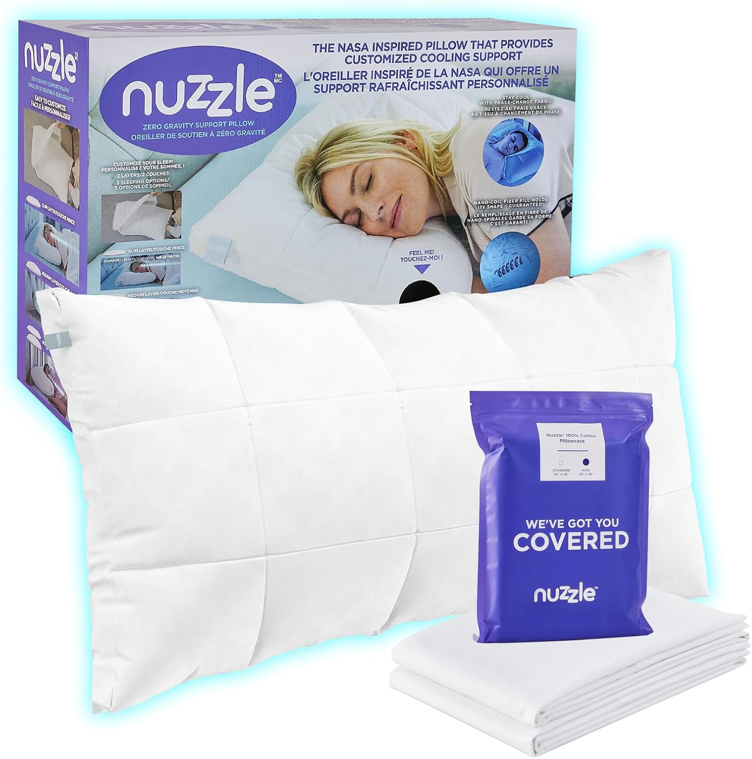 Nuzzle Cooling Adjustable King Size Pillow and Pillowcases