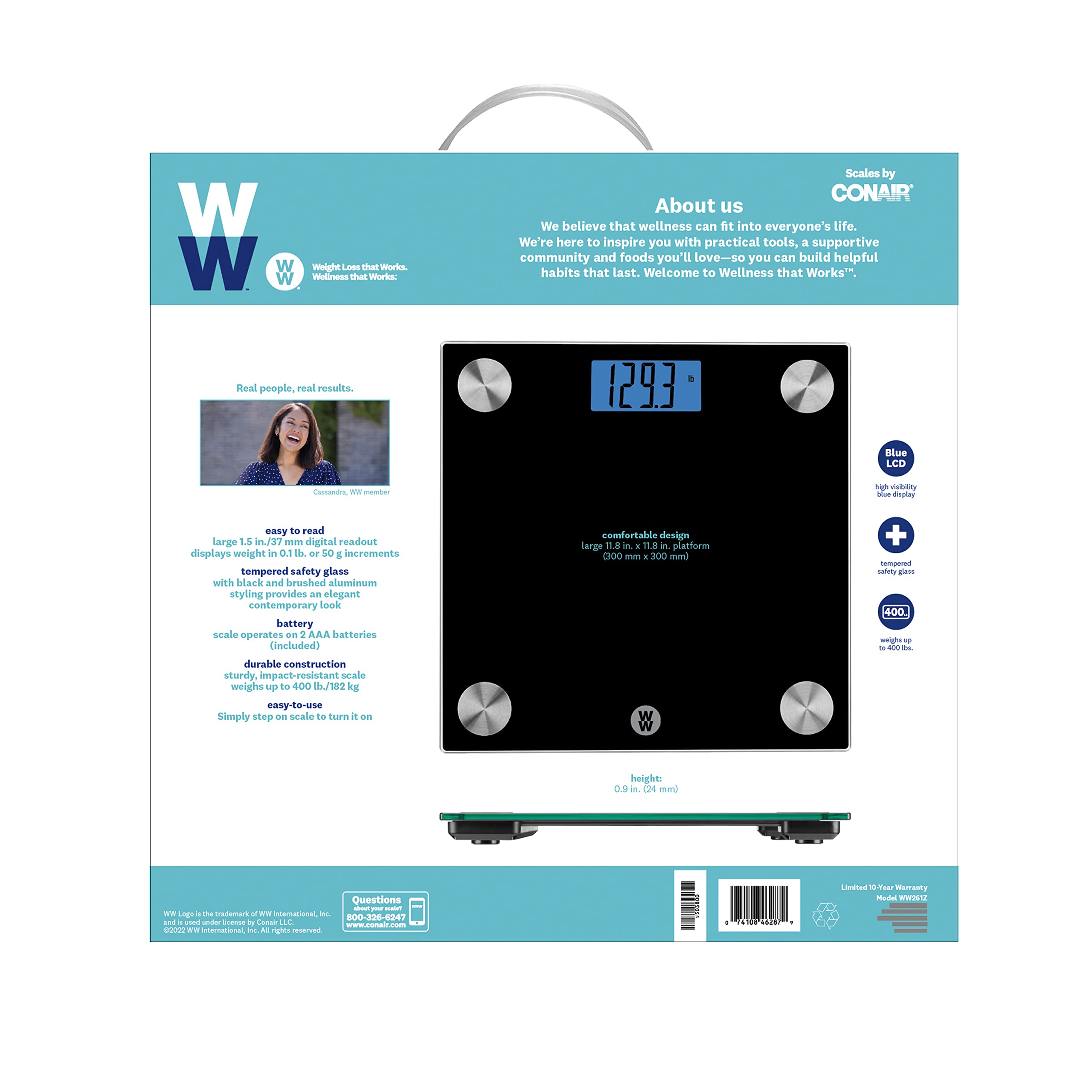 WW Scales by Conair Báscula de baño de cristal digital, capacidad de 400 libras