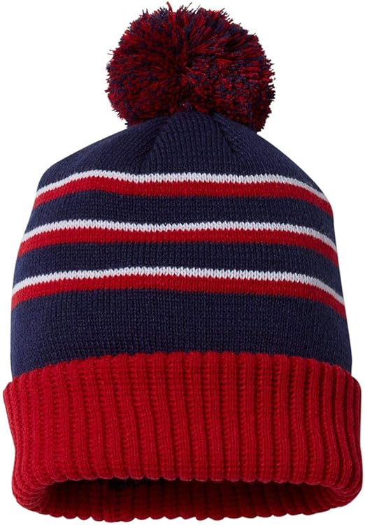Red and white striped beanie with pom pom Clearance
