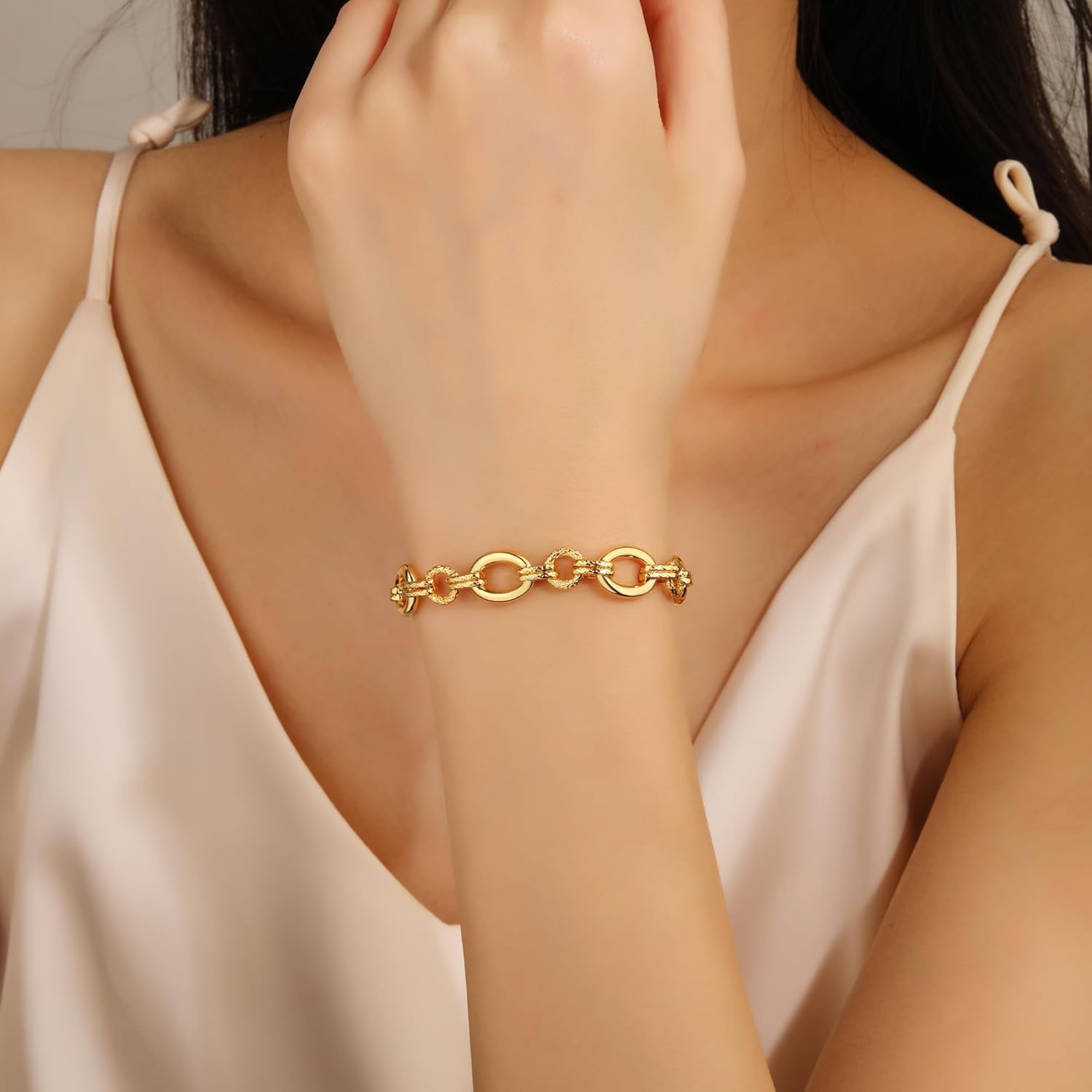 18K Gold-Plated Textured Link Buckle Women's Gold Bracelet | Exquisite Layered Women's Chain-Style Gold Bracelet - Image 3