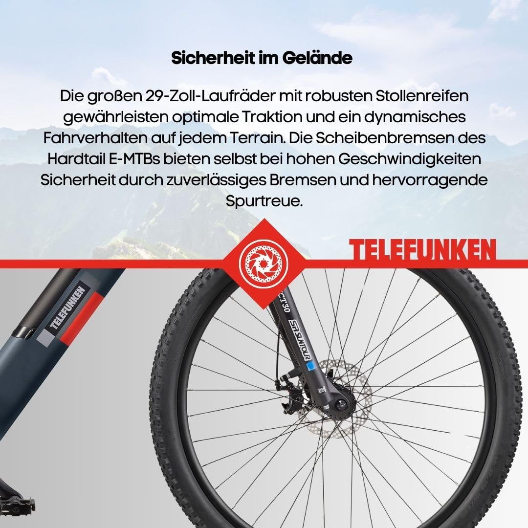 TELEFUNKEN E-Bike Mountainbike 29 Zoll für Herren und Damen | Elektrofahrrad mit 250W Hinterradmotor & 468 Wh Akku | 7-Gang Kettenschaltung | Scheibenbremsen | MTB Hardtail Pedelec