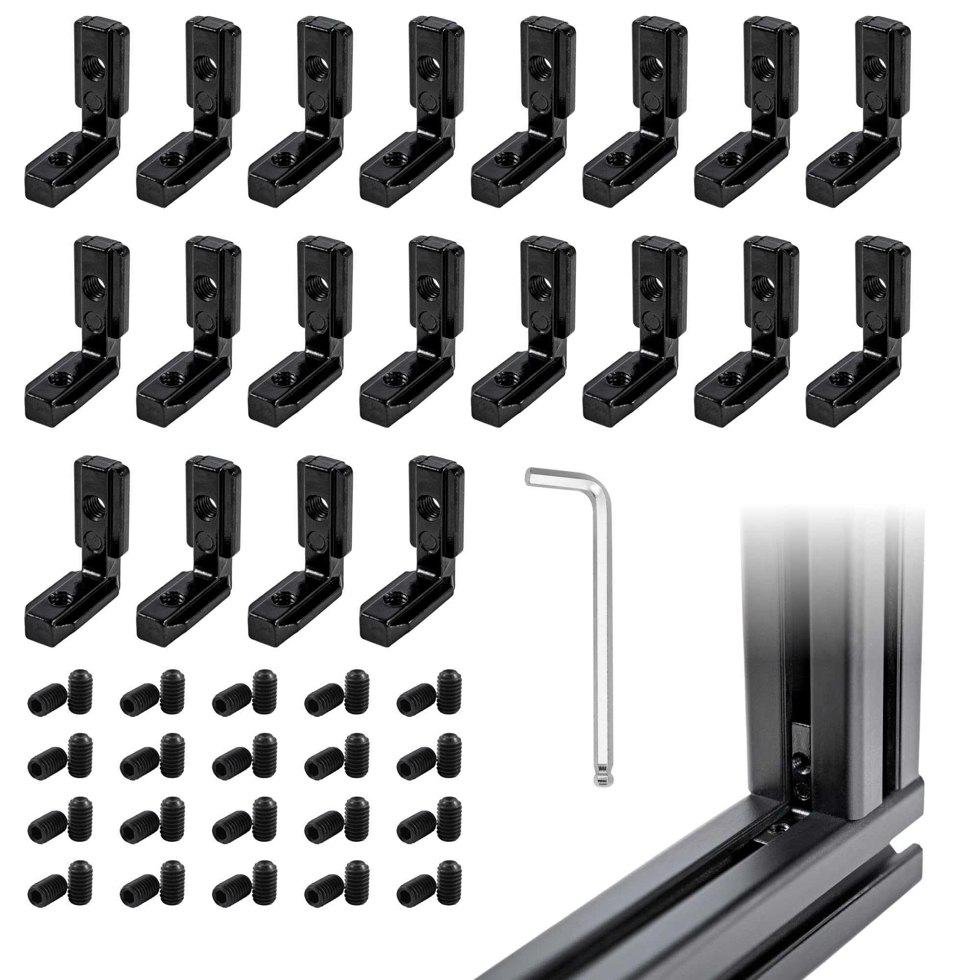 10 Sets 3030 Aluminum Extrusion Corner Bracket Kit – 20 Brackets, 40 M6 T-Nuts & Screws, Ball-End Hex Wrench – For 30 Series T-Slot Profiles