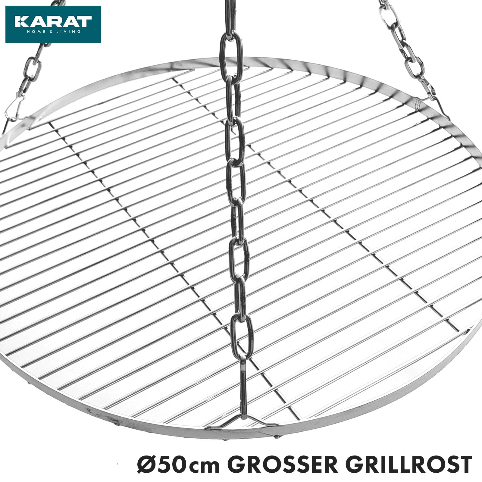 KARAT Grillrost Ø 60 cm mit Kette für Schwenkgrill, Dreibein Grill Rost, BBQ, rostfrei für Holzkohlegrill, 14mm Stababstand