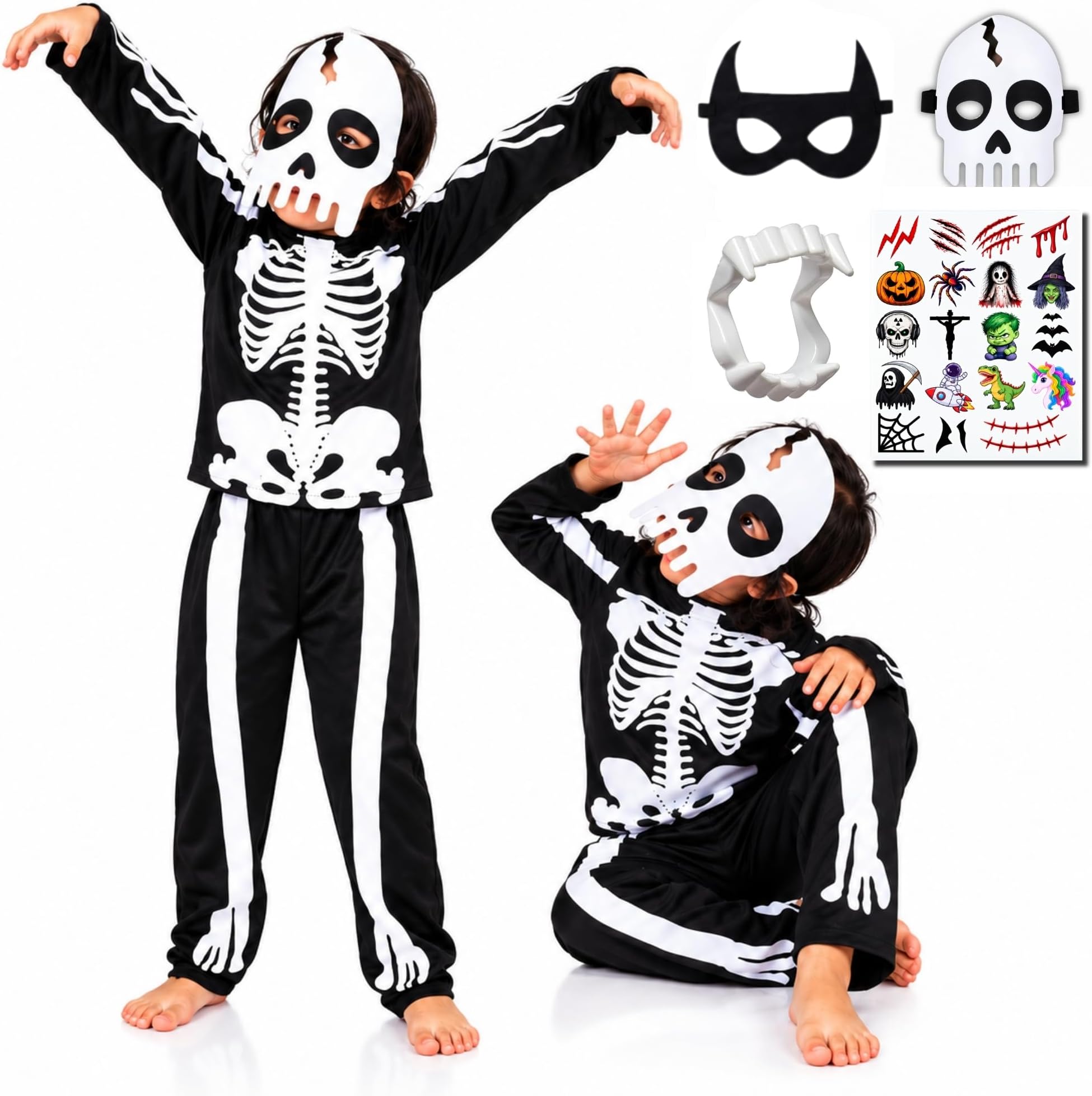 Sarvda Halloween Skeleton Dress for Boys and Girls | Costume with 2 Masks | Dracula Teeth | Makeup Tattoo | Ghost Devil Vampire Zombie Skull Horror | For: 3 to 4 Year Boys & Girls