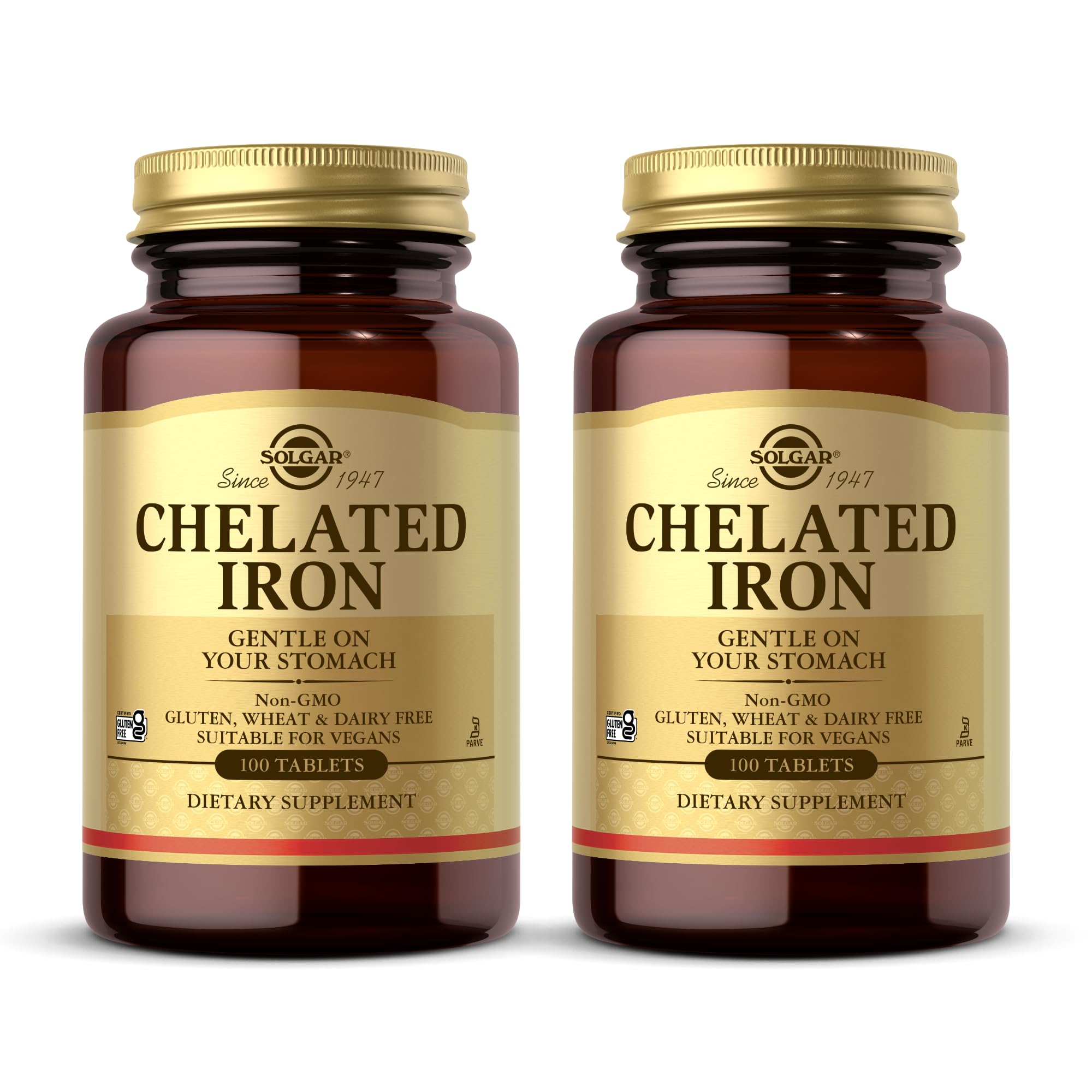 Solgar Chelated Iron - 100 Tablets, Pack of 2 - Gentle on Your Stomach - Non-GMO, Vegan, Gluten Free, Dairy Free, Kosher - 200 Total Servings