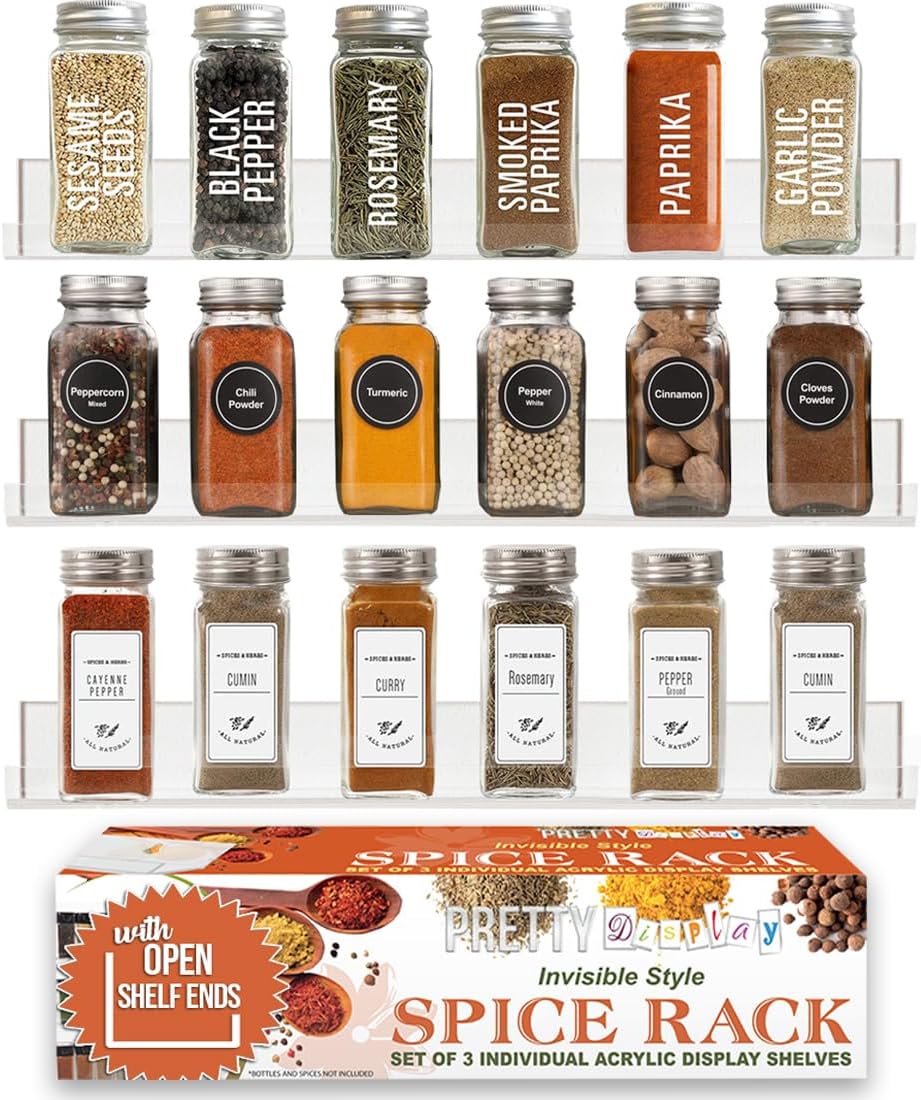 Wall Mounted Spice Rack Shelves [3-Pack] - Clear Acrylic 15" Spice Shelves with Open Shelf Ends
