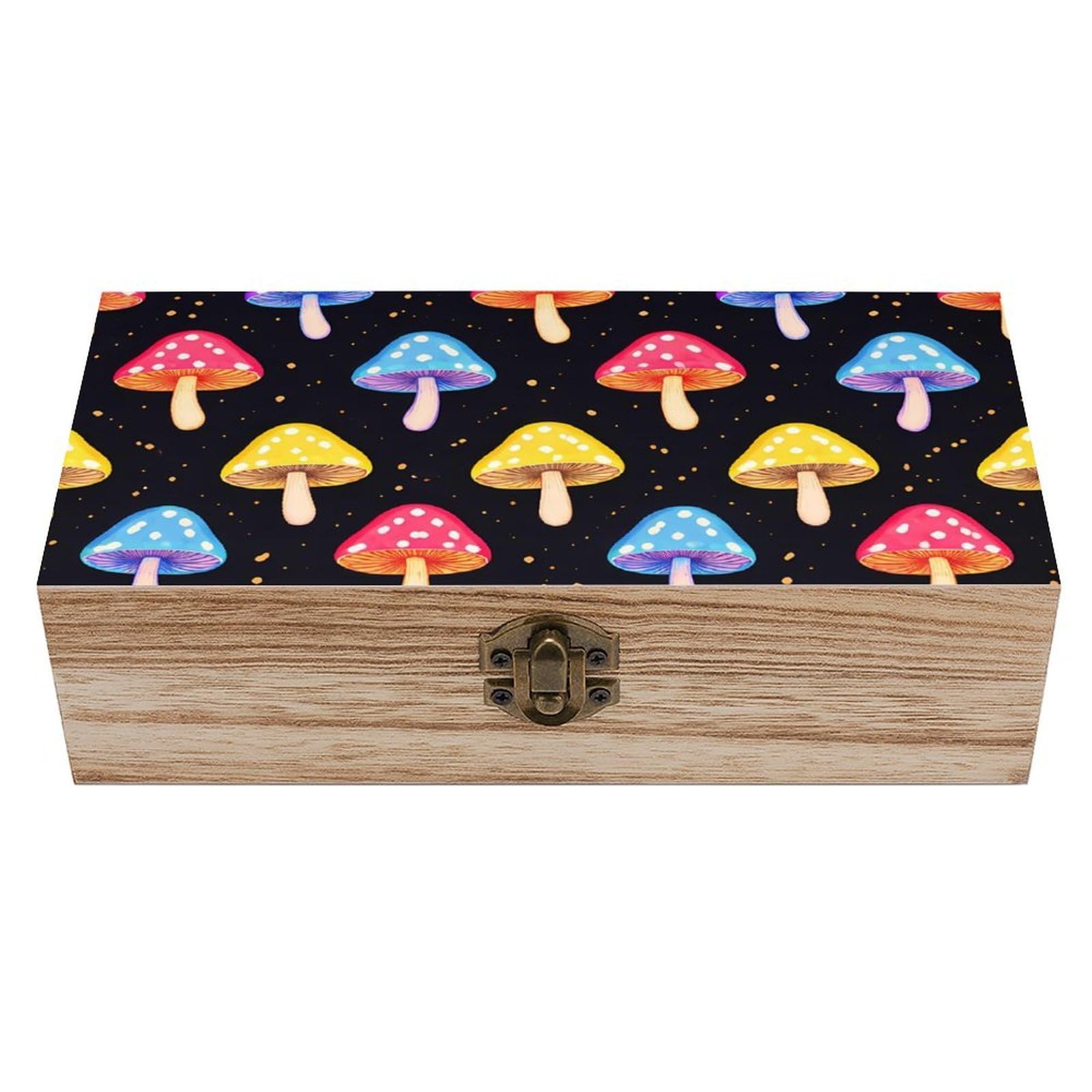 SMAZDFXX Neon Mushrooms Wooden Storage Box With Hinged Lid Decorative Front Clasp Keepsake Boxes