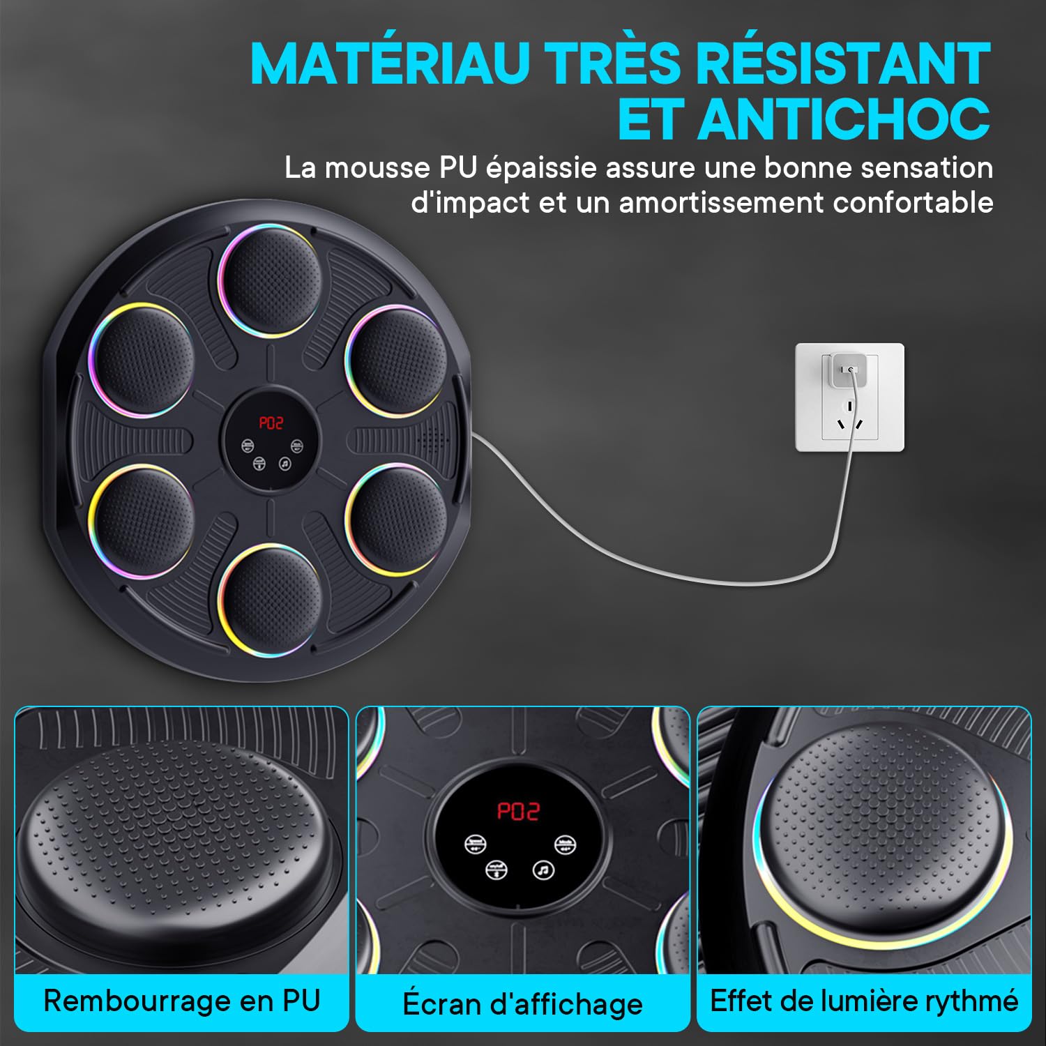 Machine de Boxe Musicale - Boîte Murale Musique, 12 Modes de Vitesse et LumièRe & Bluetooth, Gants MMA Inclus, Salle de Sport à Domicile pour Adulte et Enfant - Fitness, Loisir Familial
