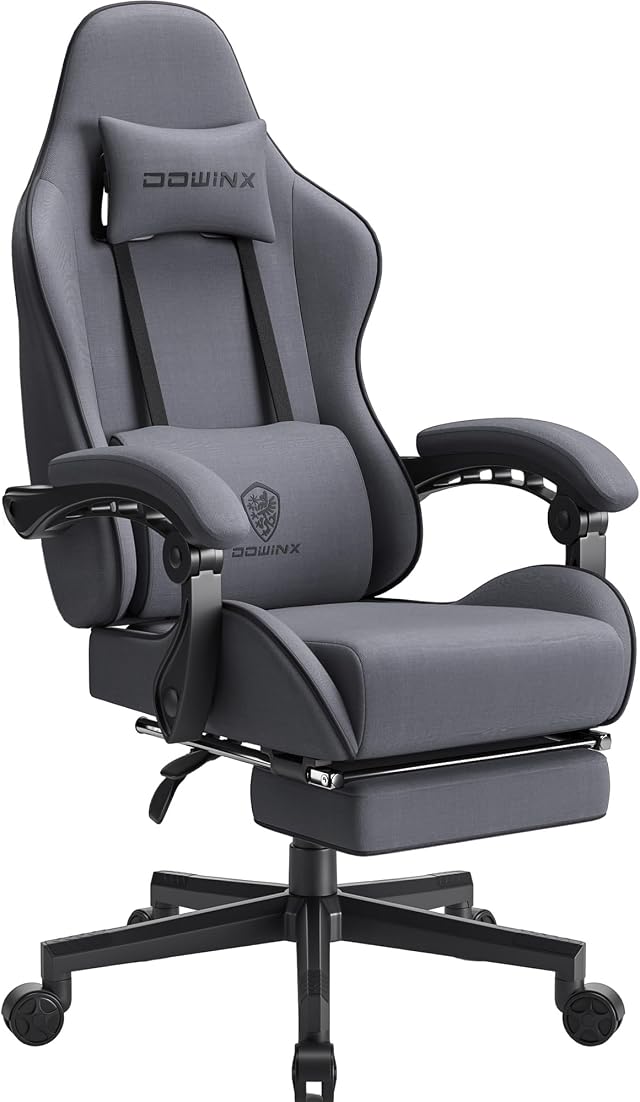 Dowinx Sedia Gaming Gamer Ergonomica, Sedia da Ufficio Regolabile in Tessuto Nero con Cuscino a Molle, Supporto per Testa e Poggiapiedi, Grigio scuro/Standard