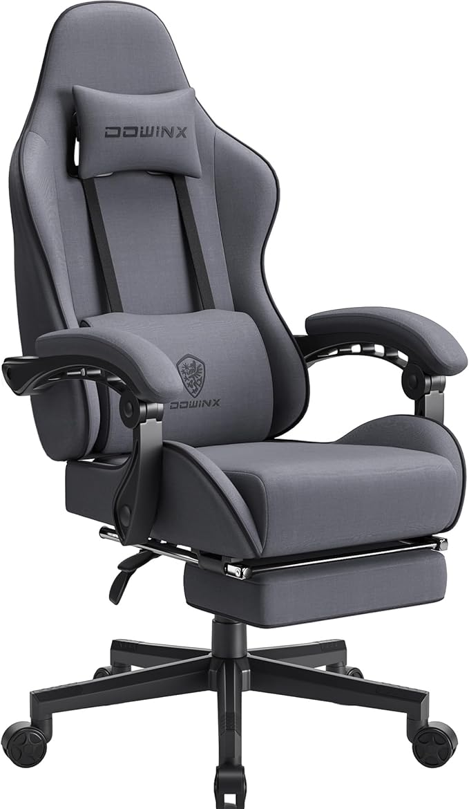 Dowinx Gaming Chair Fabric with Pocket Spring Cushion, Massage Game Chair Cloth with Headrest, Ergonomic Computer Chair with Footrest 290LBS, Grey