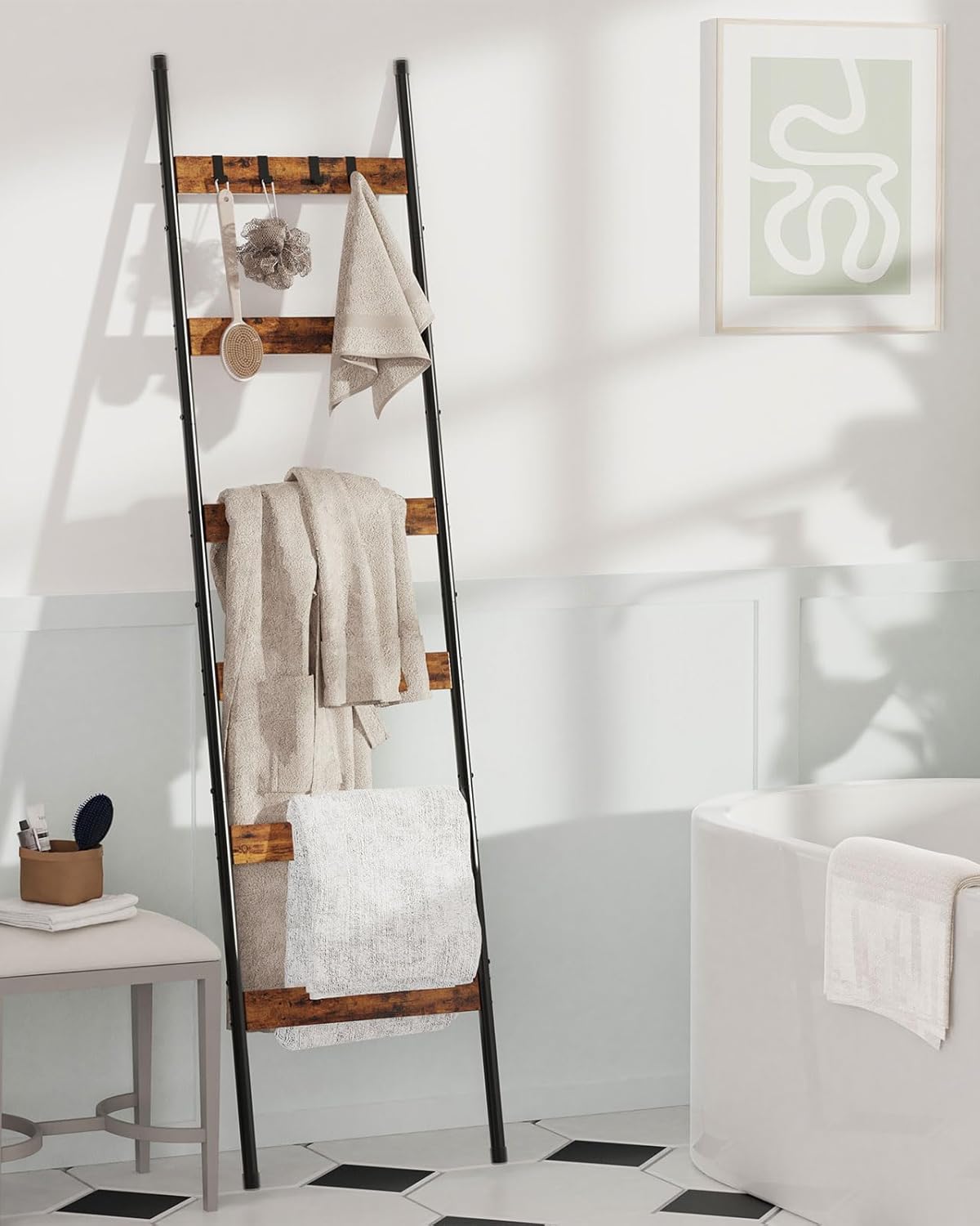 Blanket Ladder, 6-Tier Towel Holder with 4 Removable Hooks, Farmhouse Wall Leaning Decorative Rack Shelf, Wooden Towel Display Rack, Quilt Ladder for Living Room, Bedroom, Rustic Brown