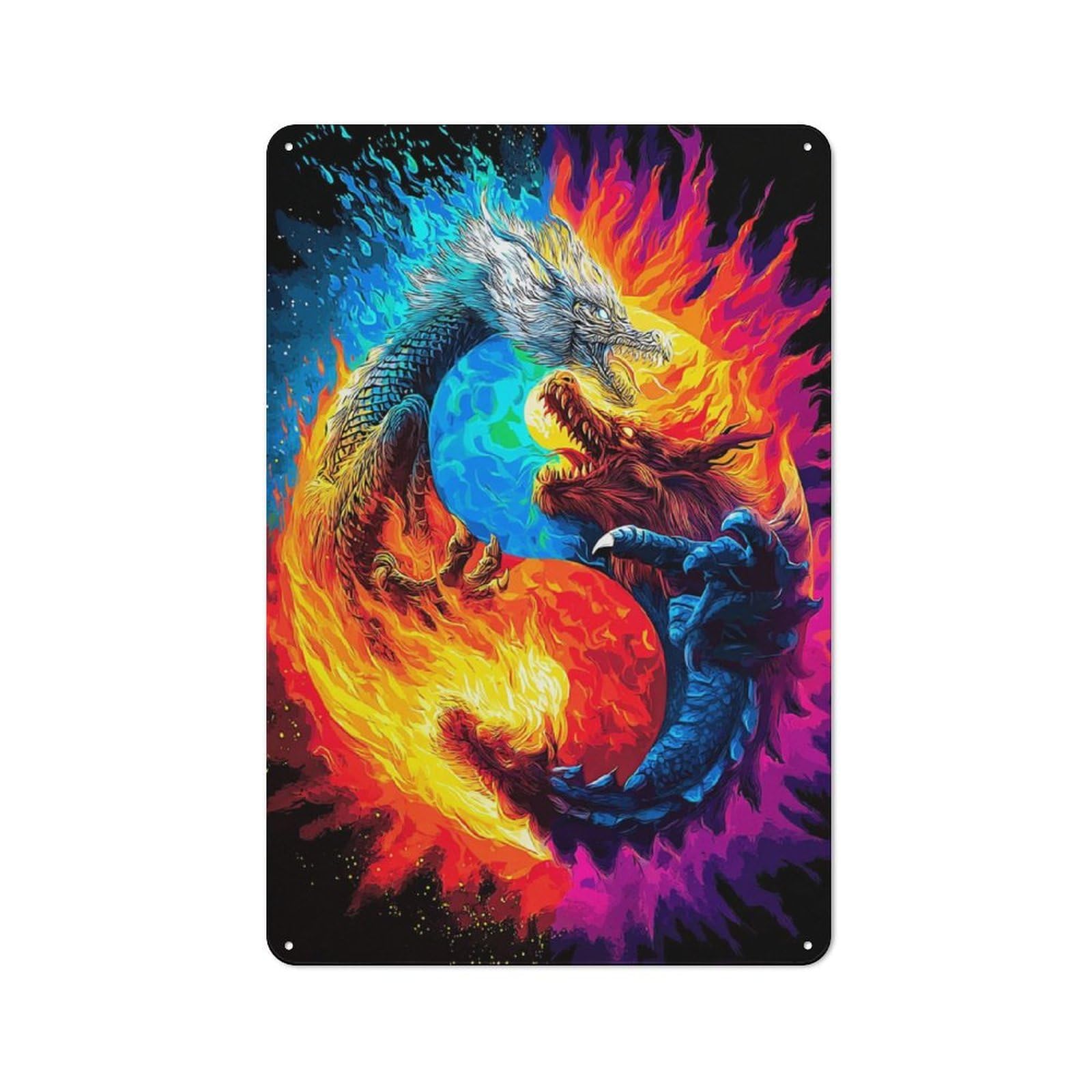 Junmoney Yin Yang Dragons Fire Vs Ice Metal Wall Sign 30X20cm, Retro Decor For Garage Wall, For Kitchen, Dining Room And Home Bar Wall Decor