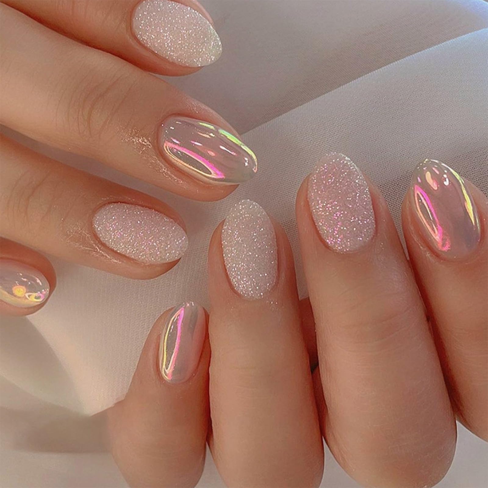 24pcs Short Oval False Nails Aurora Stick on Nails Glitter Pink Press on Nail Removable Glue on Acrylic Full Cover Fake Nail Art Accessories for Women
